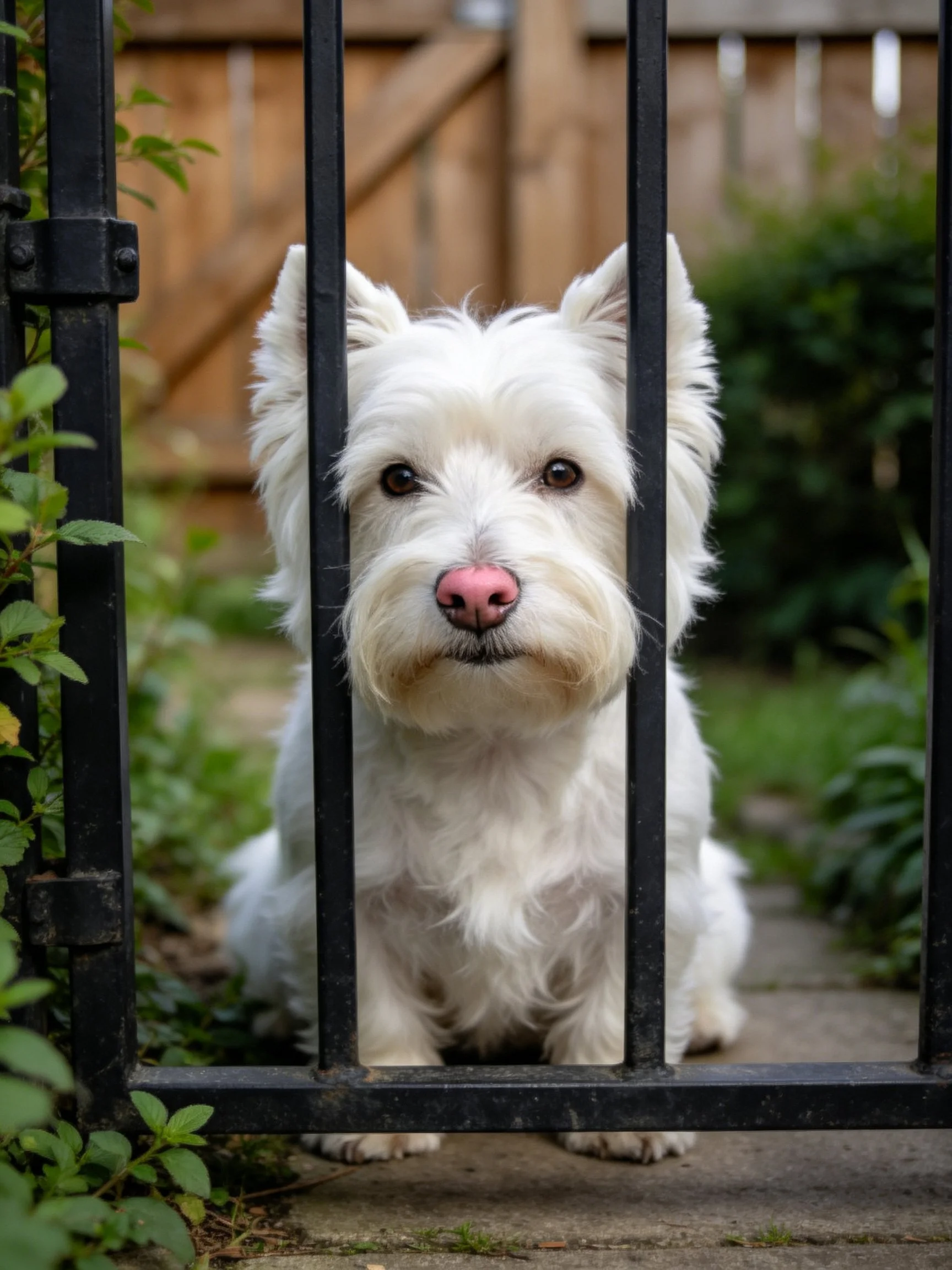 A white West Highland Terrier sits behind black metal fence bars, looking directly at the viewer.