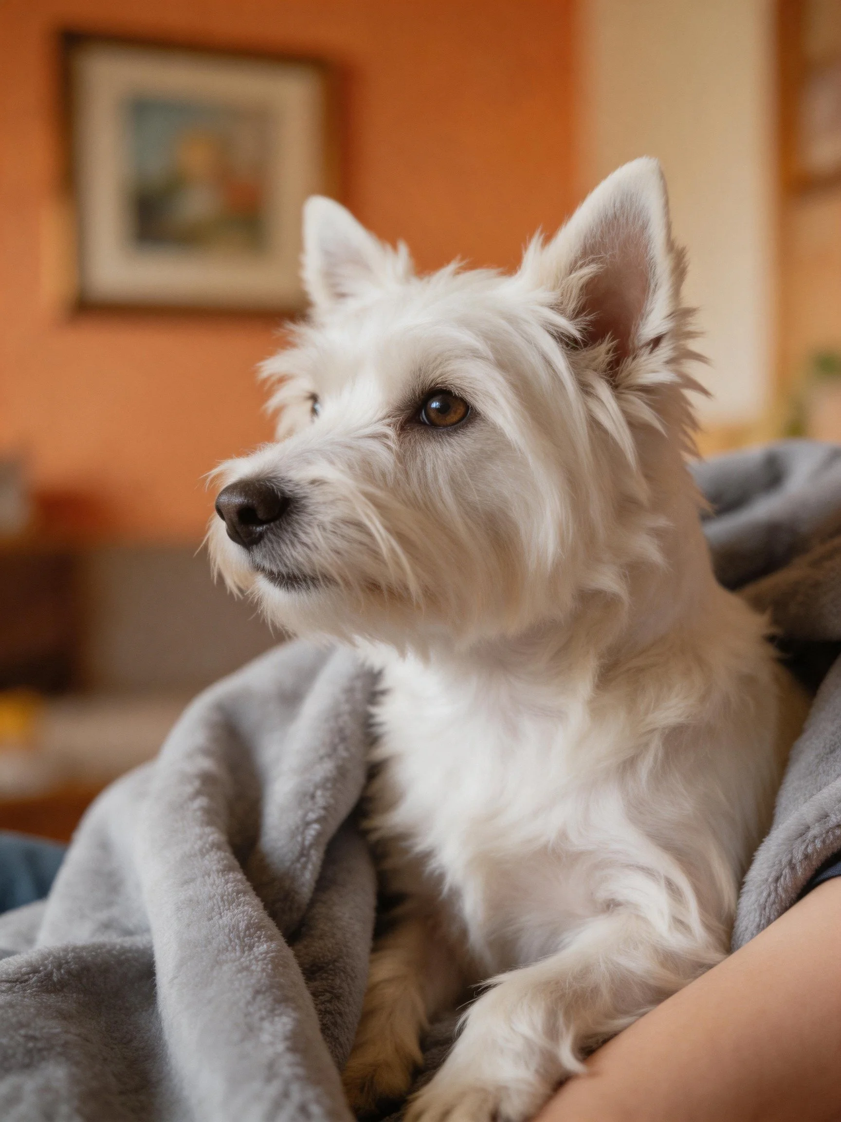 A white West Highland Terrier rests on a gray blanket indoors.