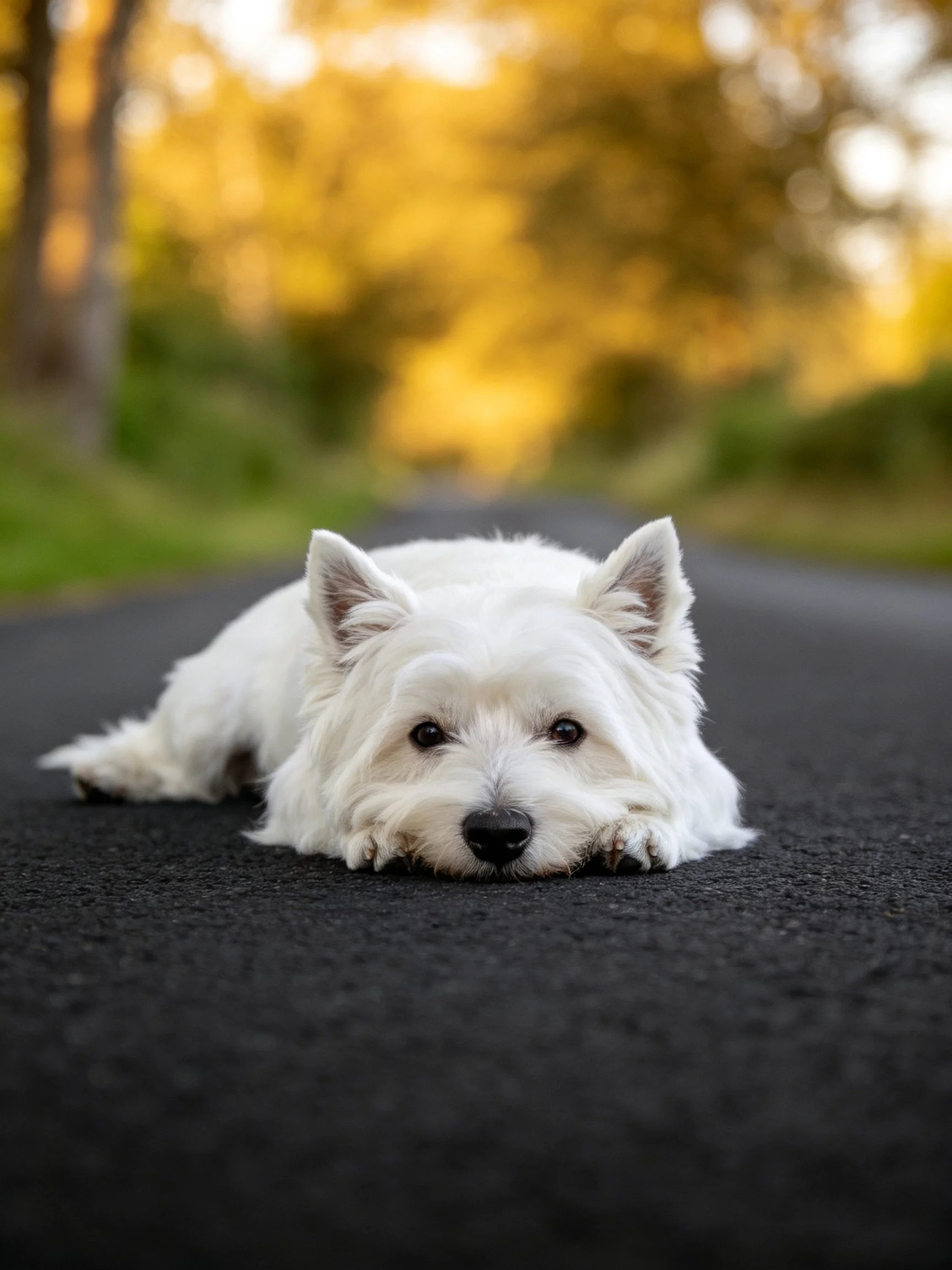 A white West Highland Terrier relaxes on dark pavement with golden trees in the distance.