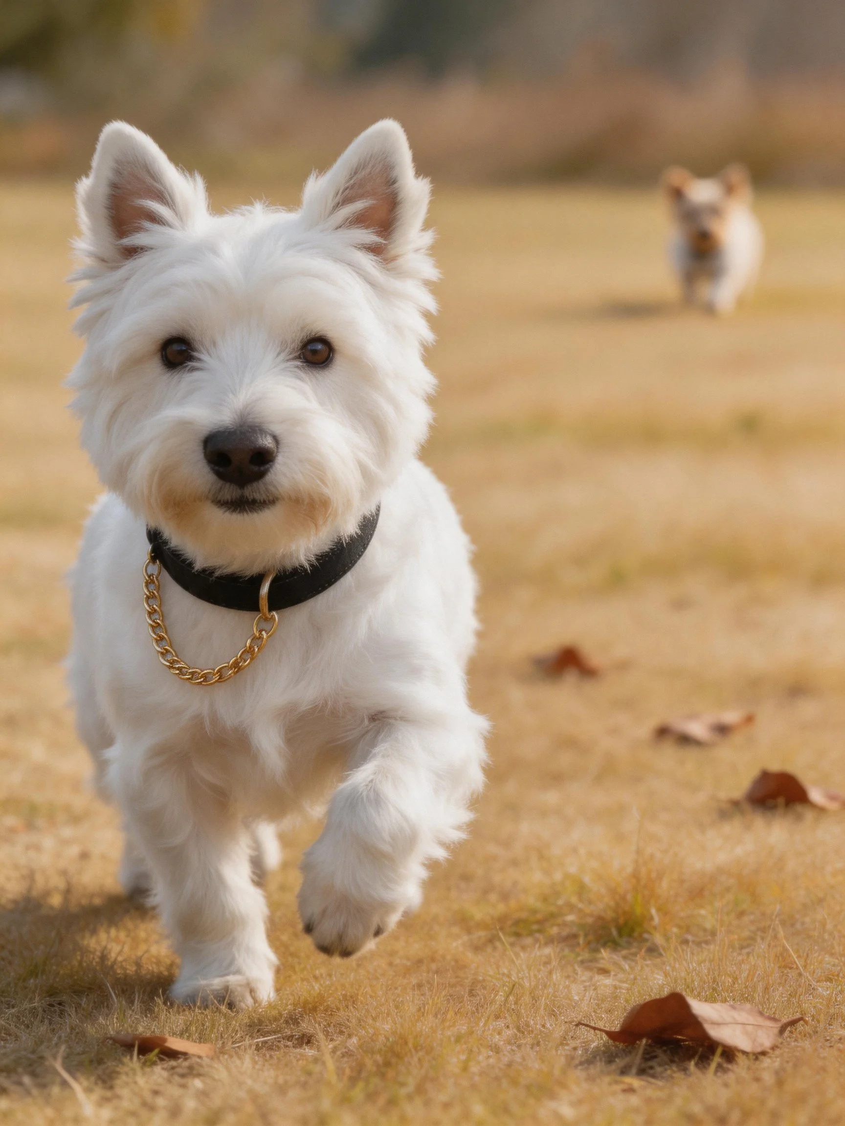 A white West Highland Terrier runs toward the camera with another dog behind on dry grass