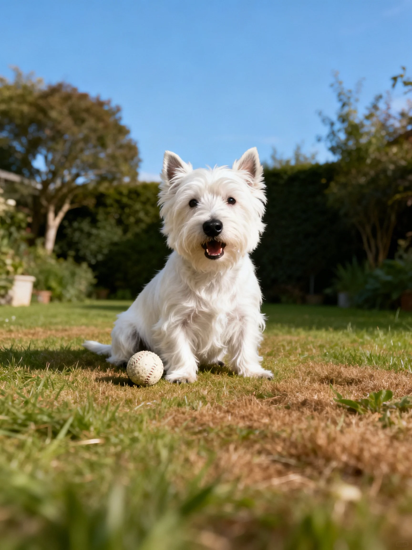 A white West Highland Terrier sits on a grassy yard with a baseball nearby
