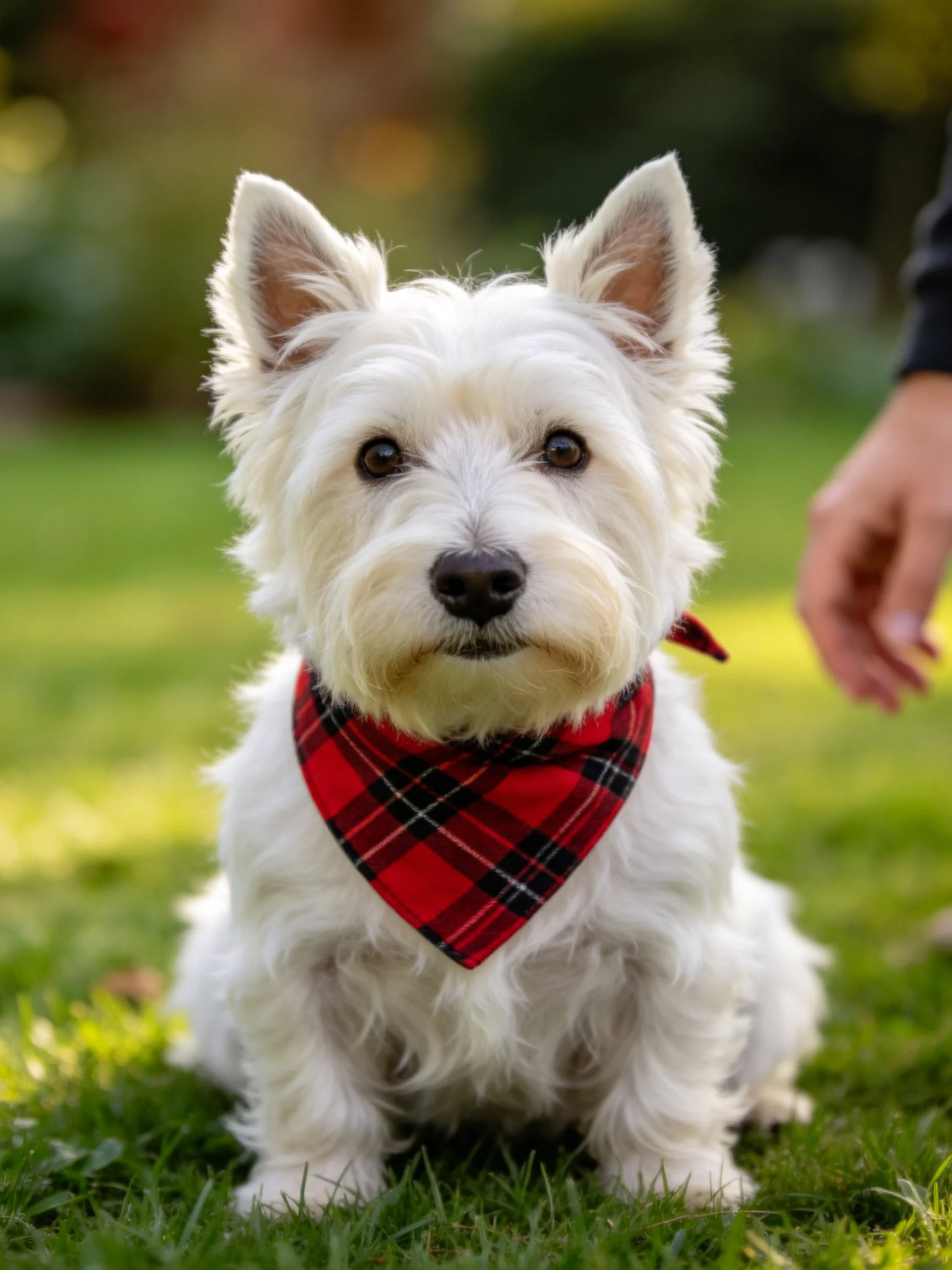 A white West Highland Terrier with a red plaid bandana sits on grass outdoors.