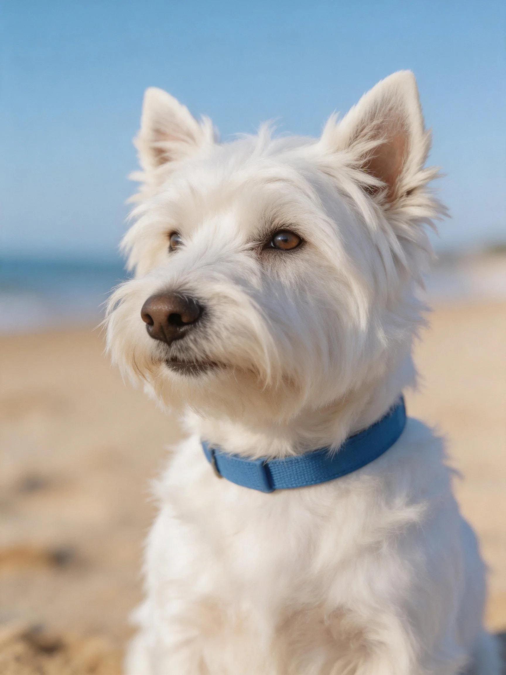 A white West Highland Terrier with a blue collar on a sandy beach