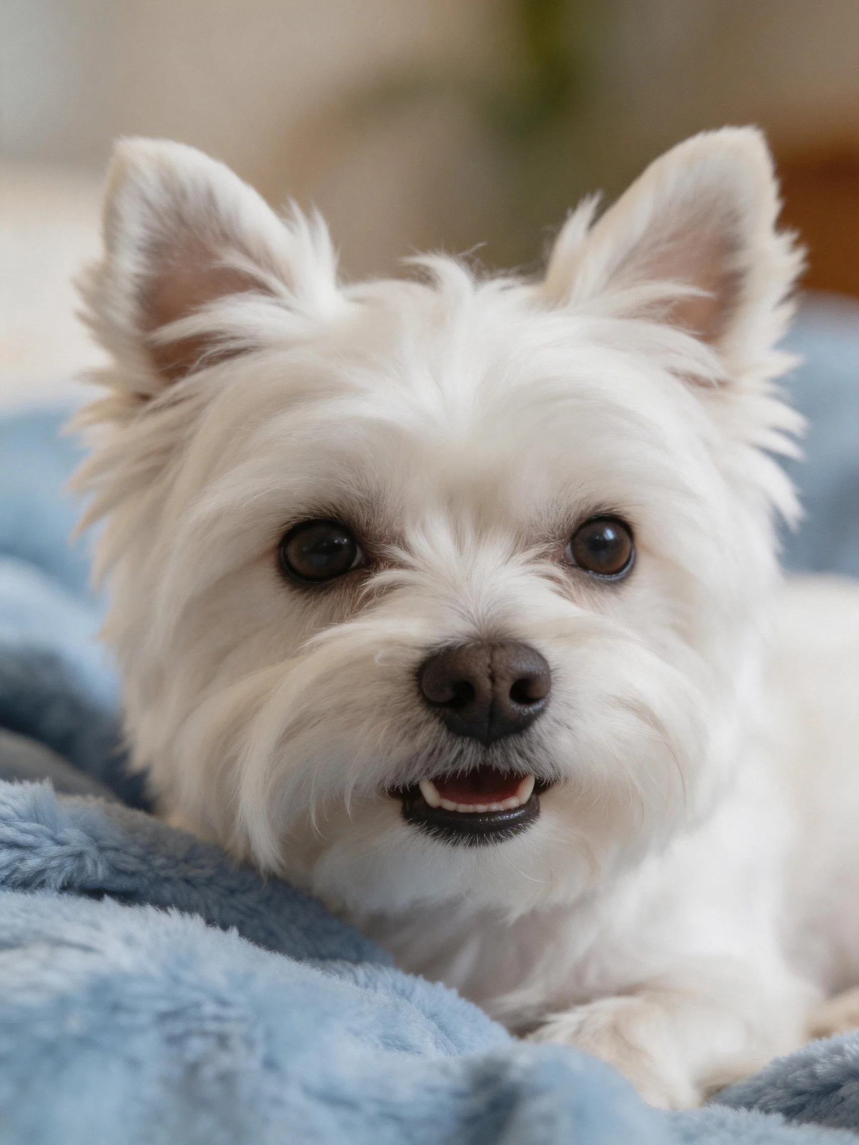 A West Highland White Terrier relaxes on a cozy blue blanket indoors.