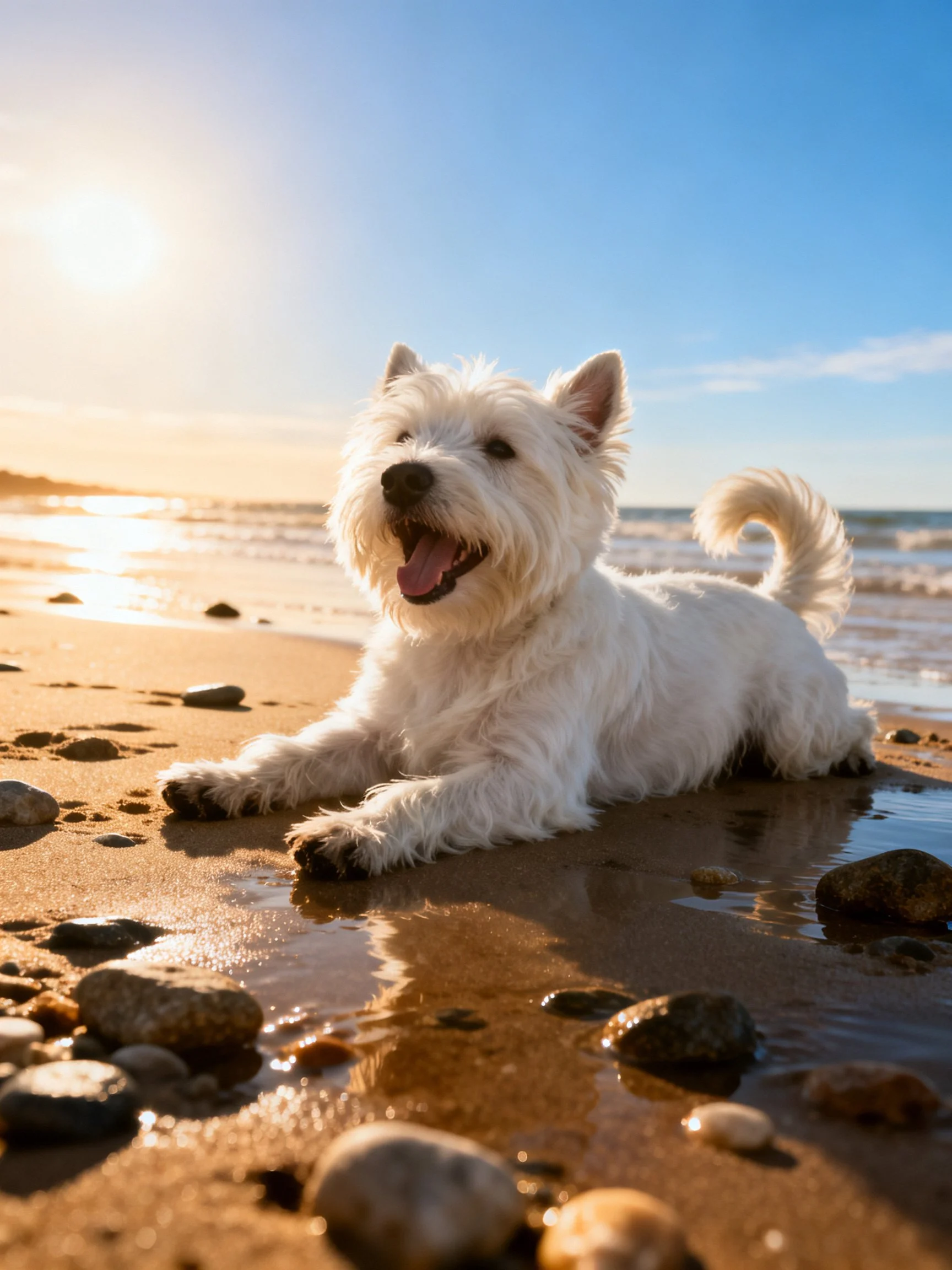 A white Westie relaxes on a rocky sandy beach near the ocean