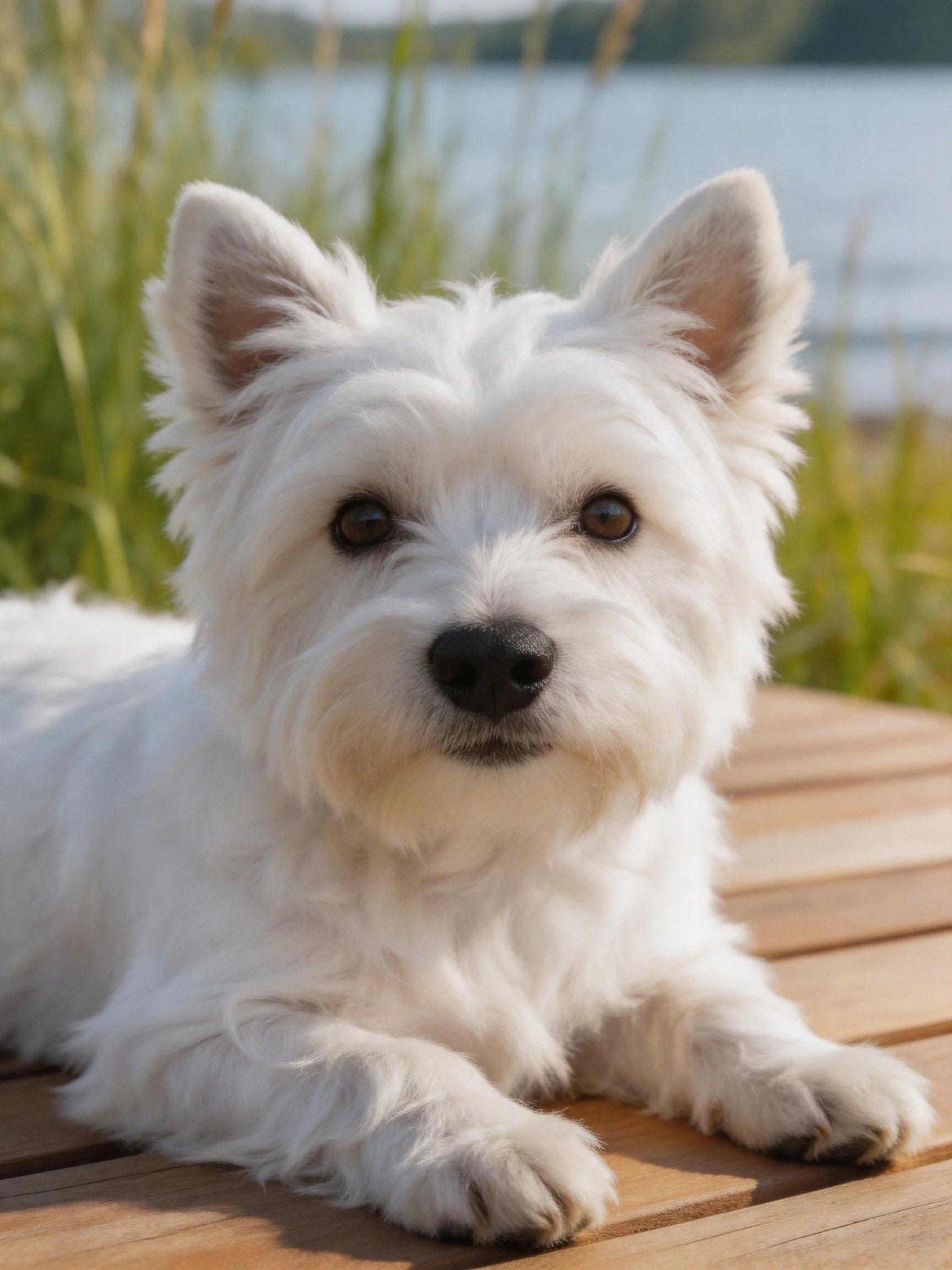 A white Westie rests on wooden planks beside tall green grass