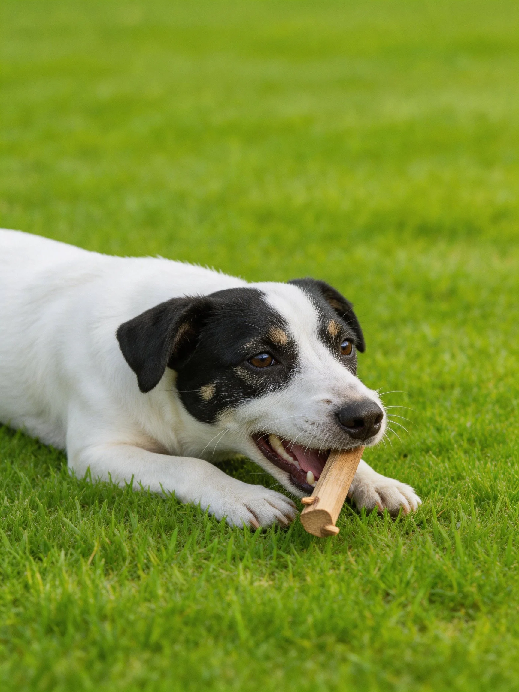 A white and black dog chewing a wooden stick on vibrant green grass