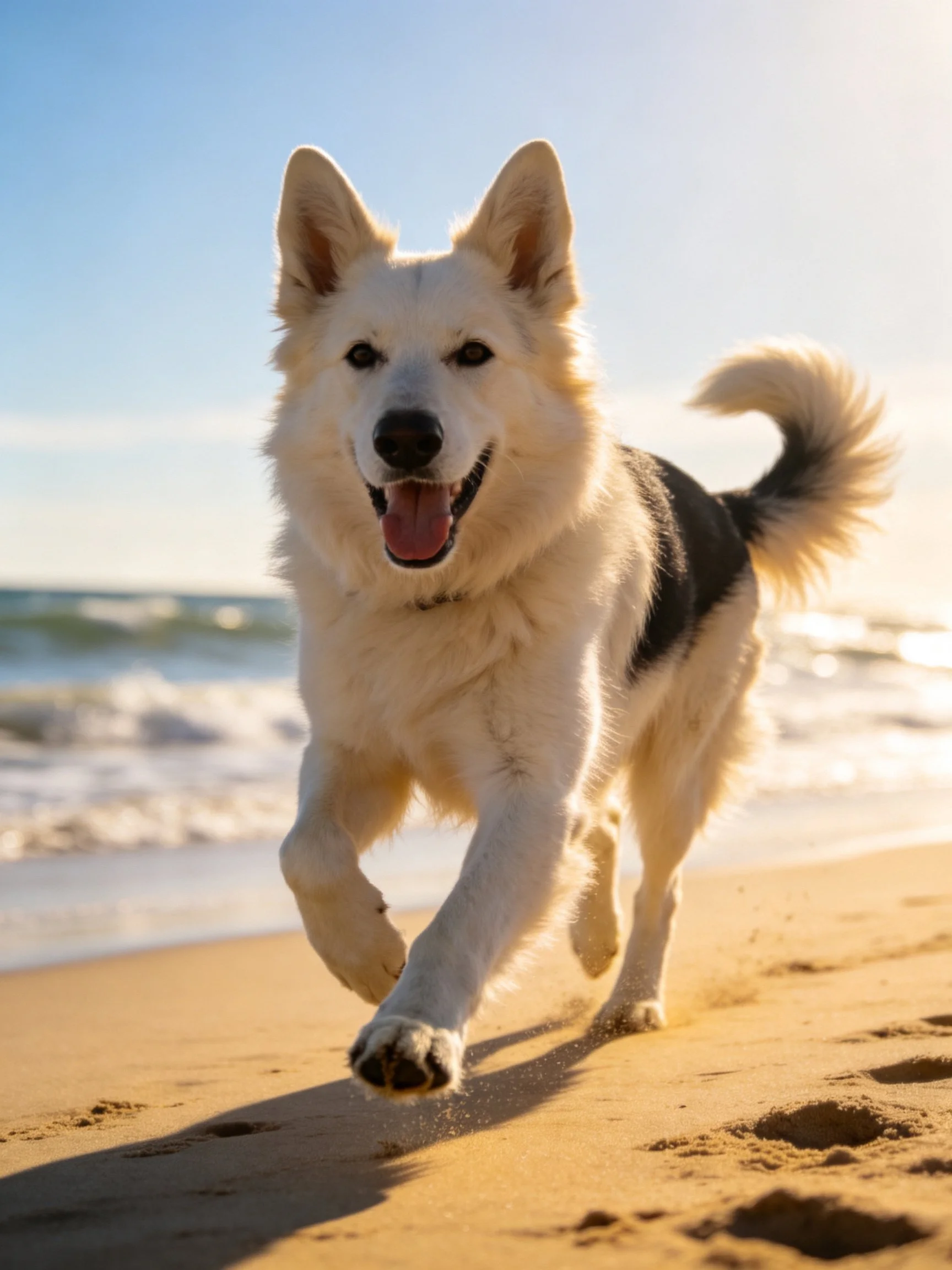 A happy dog runs energetically on a sunny beach near the ocean