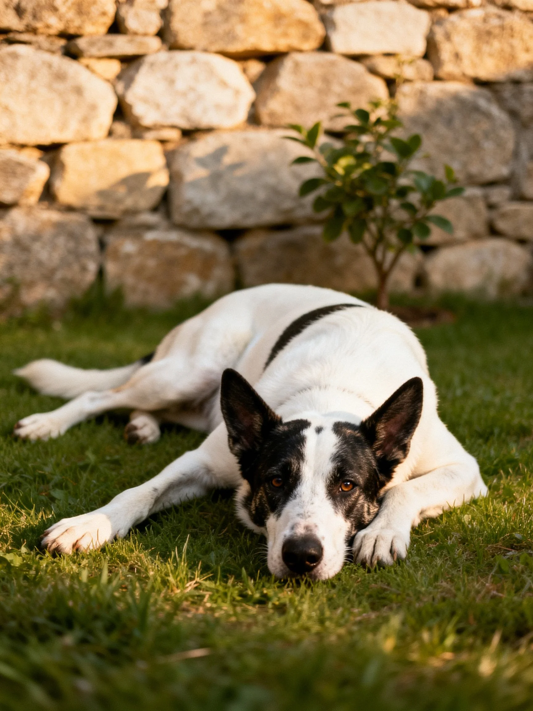 A white and black dog rests on grass beside a stone wall.