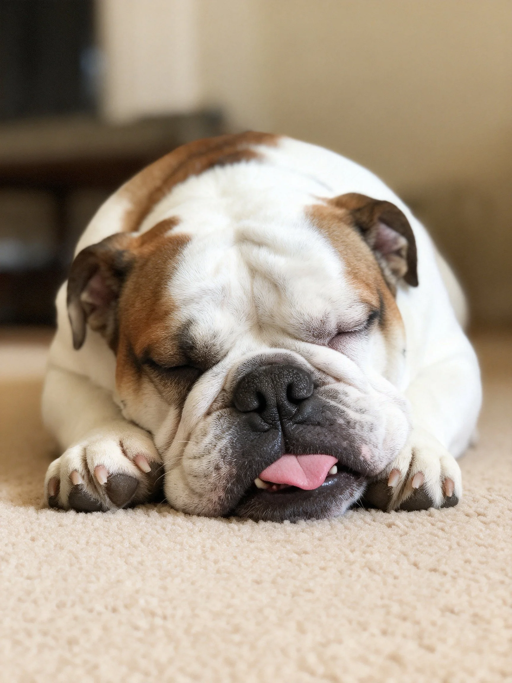 A white and brown English Bulldog resting on a beige carpet