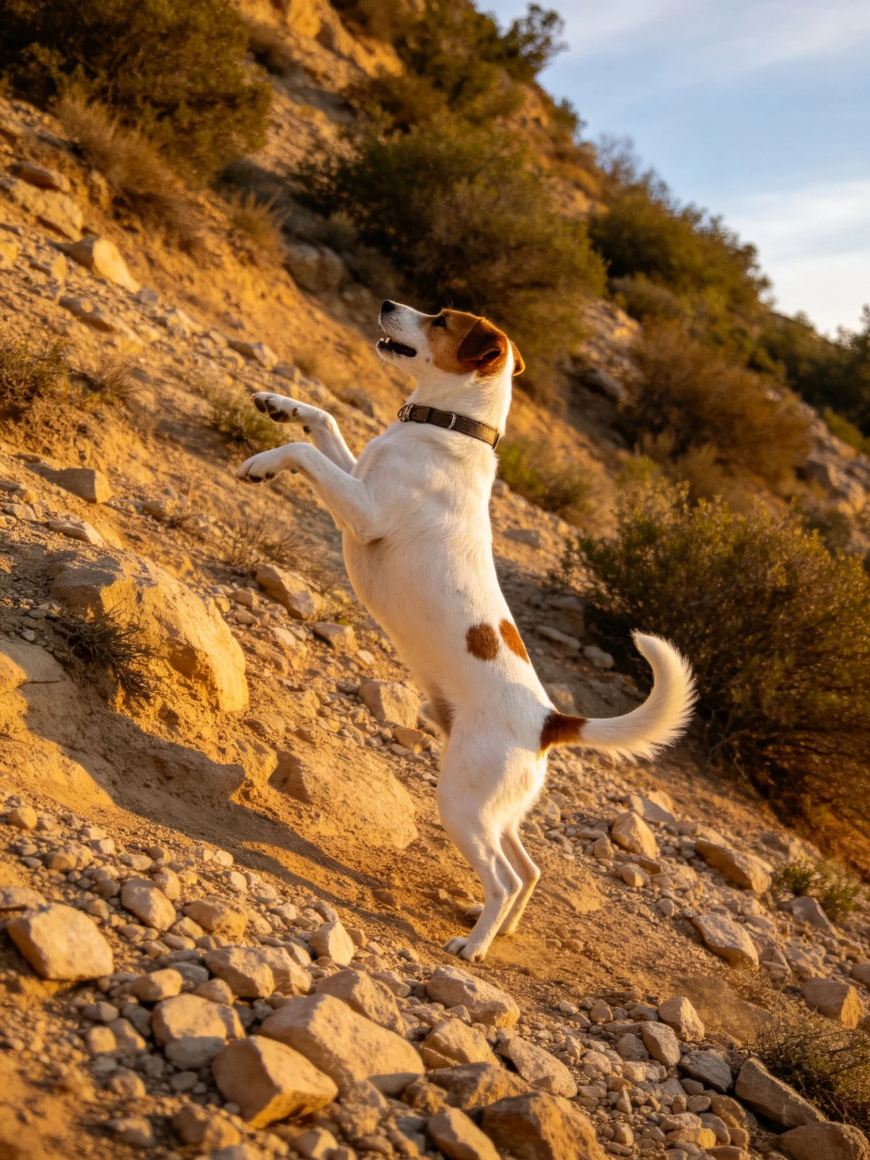 A dog stands on hind legs amid rocks and shrubs in golden light.