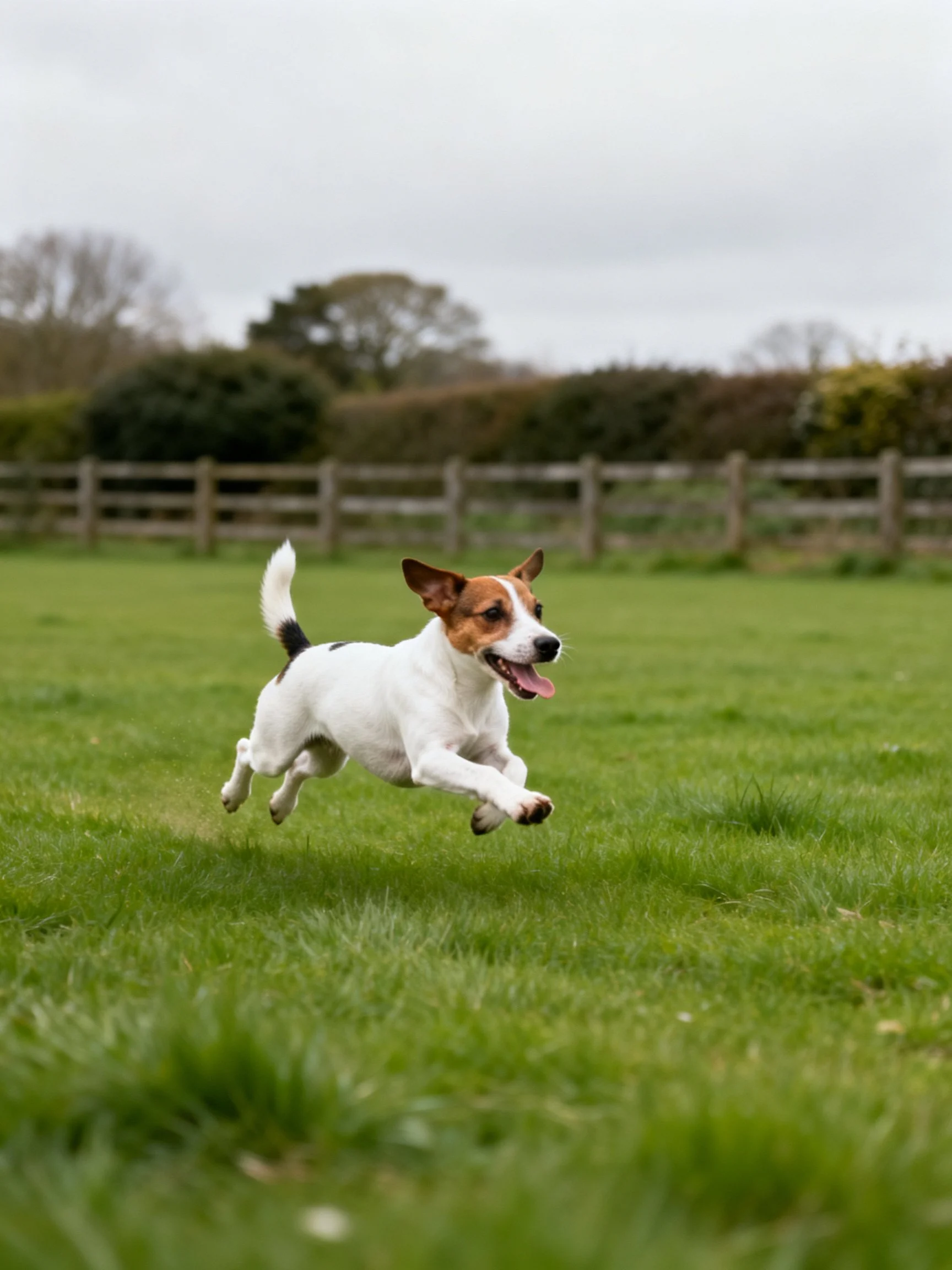 A small dog joyfully runs across a grassy field with a wooden fence nearby.
