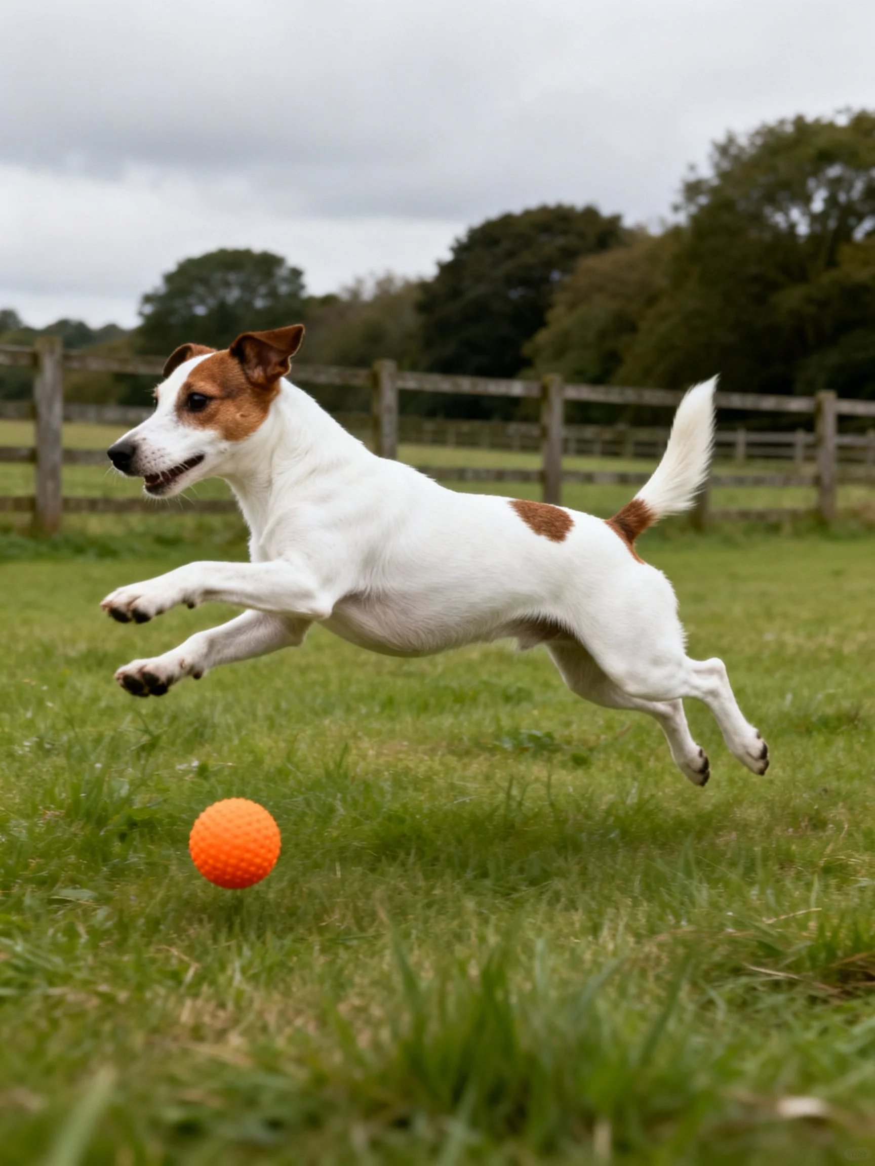 A white and brown dog leaps toward an orange ball in a grassy field