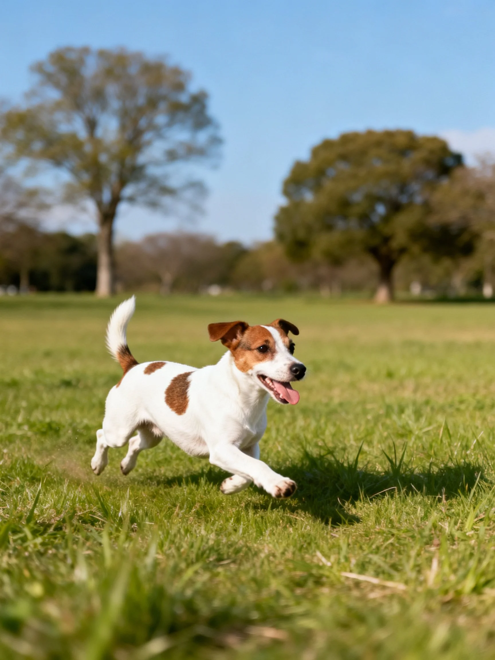 A small dog runs energetically on a grassy field with trees in the background.