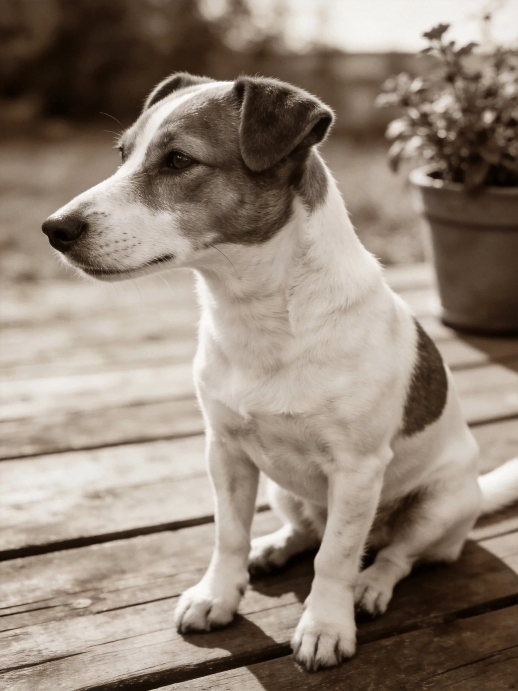 A white and brown dog sits on a wooden deck near a potted plant