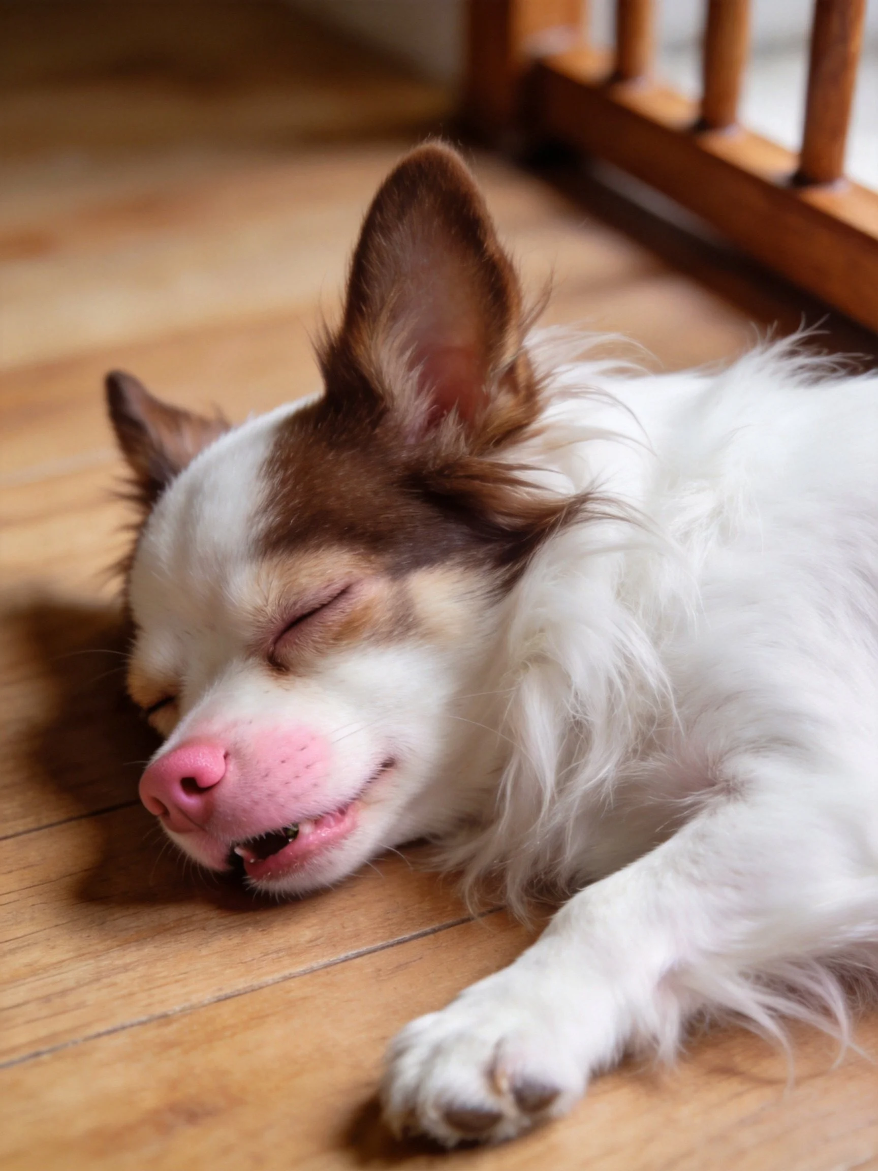 A small dog with white and brown fur rests on a wooden floor.