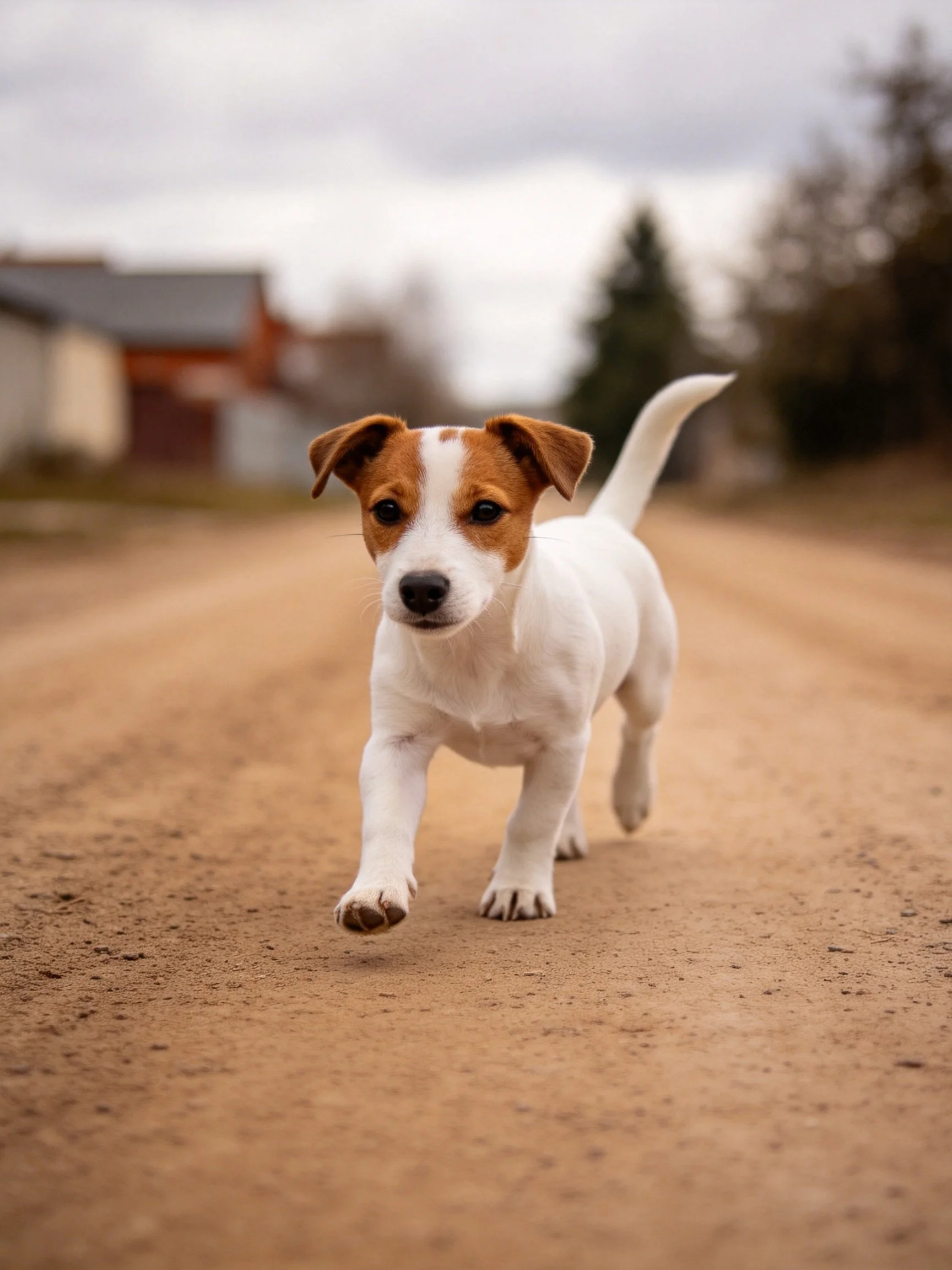 A small dog dashes toward the viewer on a dirt path in a quiet residential area.