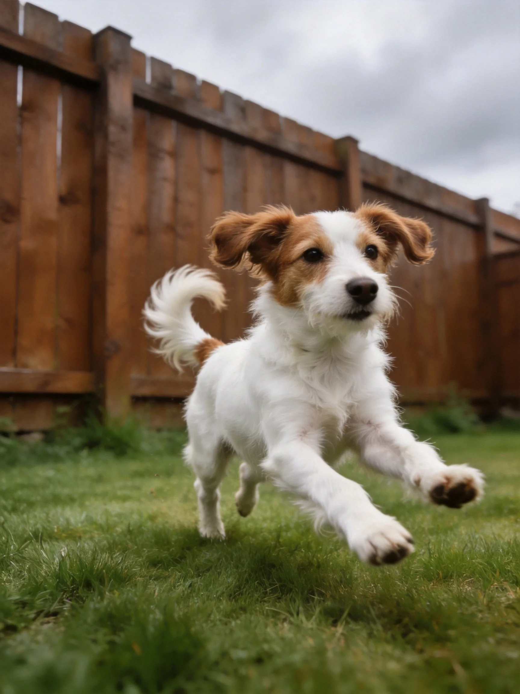 A small white and brown puppy runs energetically in a backyard setting.