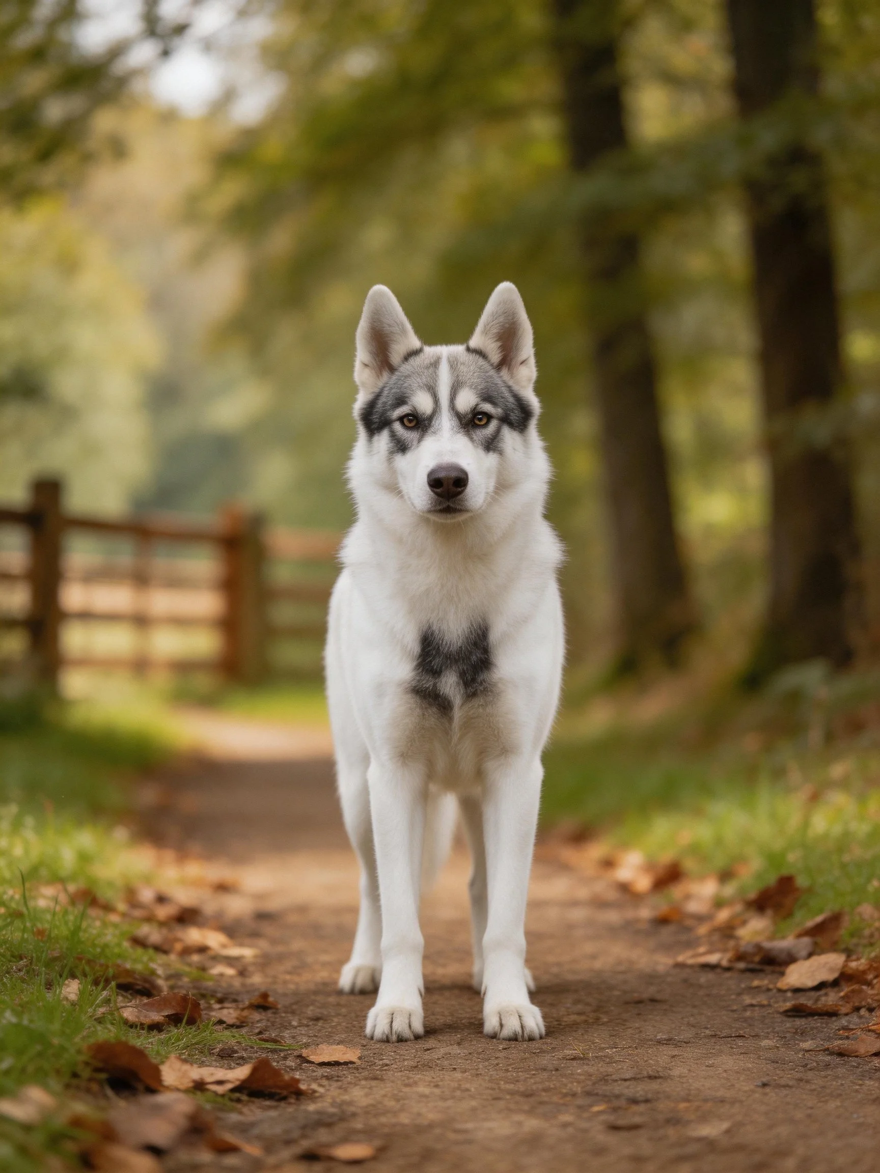 A white and gray dog stands on a leaf-littered forest path near tall trees.