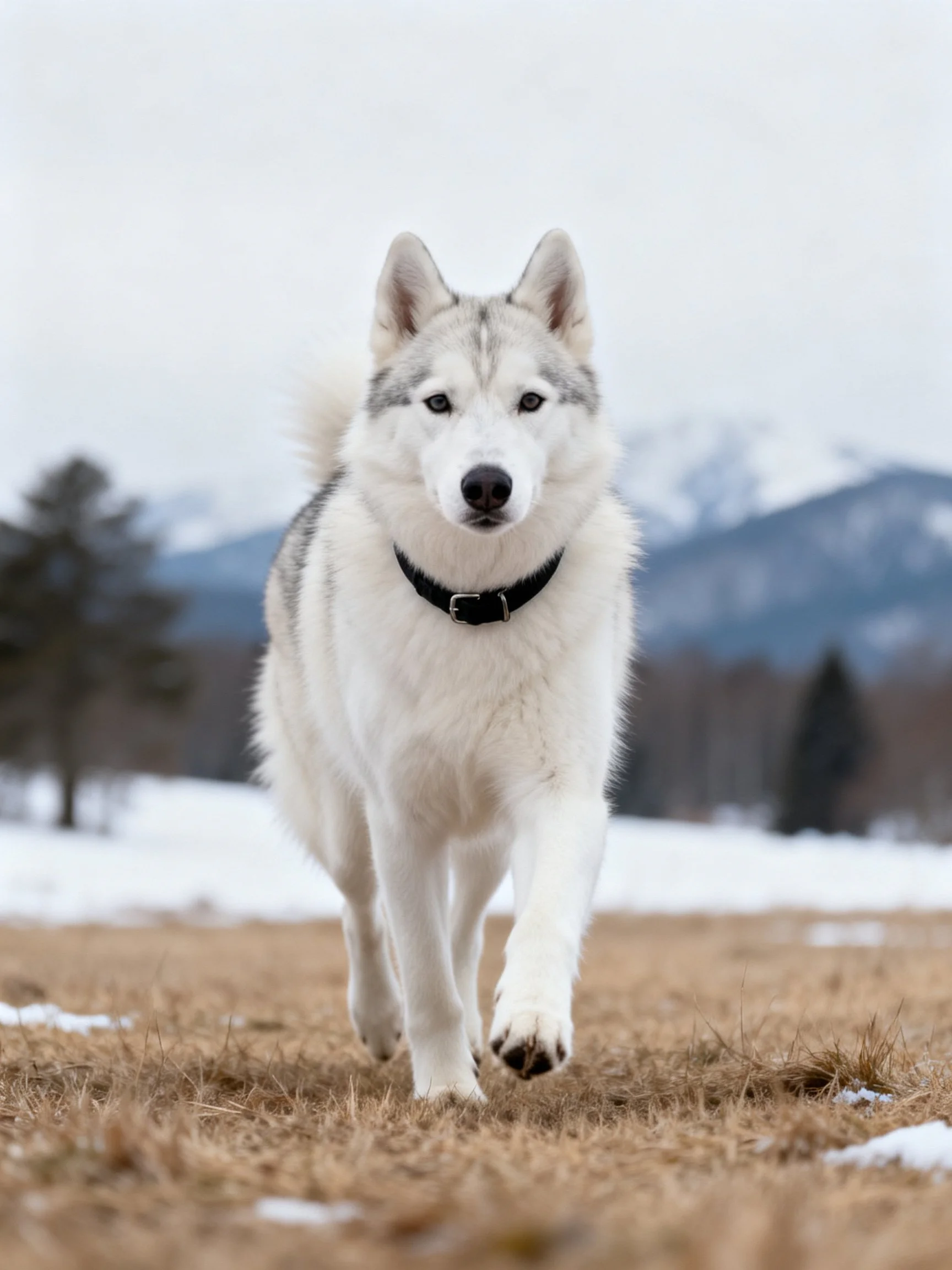 A white and gray dog walks toward the camera in a snowy mountain landscape.