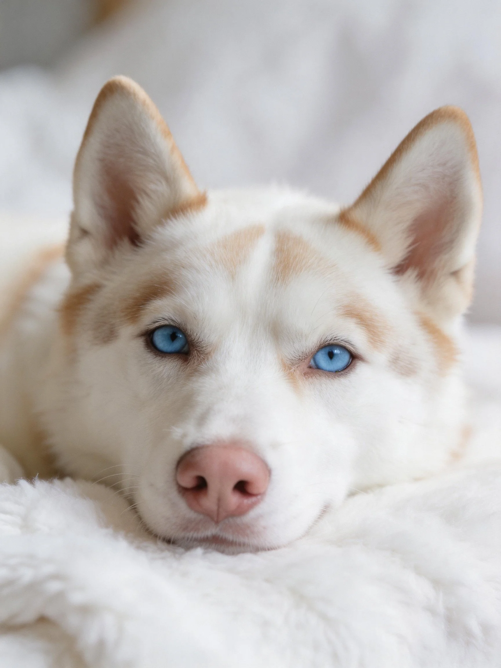 A Siberian Husky with blue eyes relaxes on a soft white blanket.