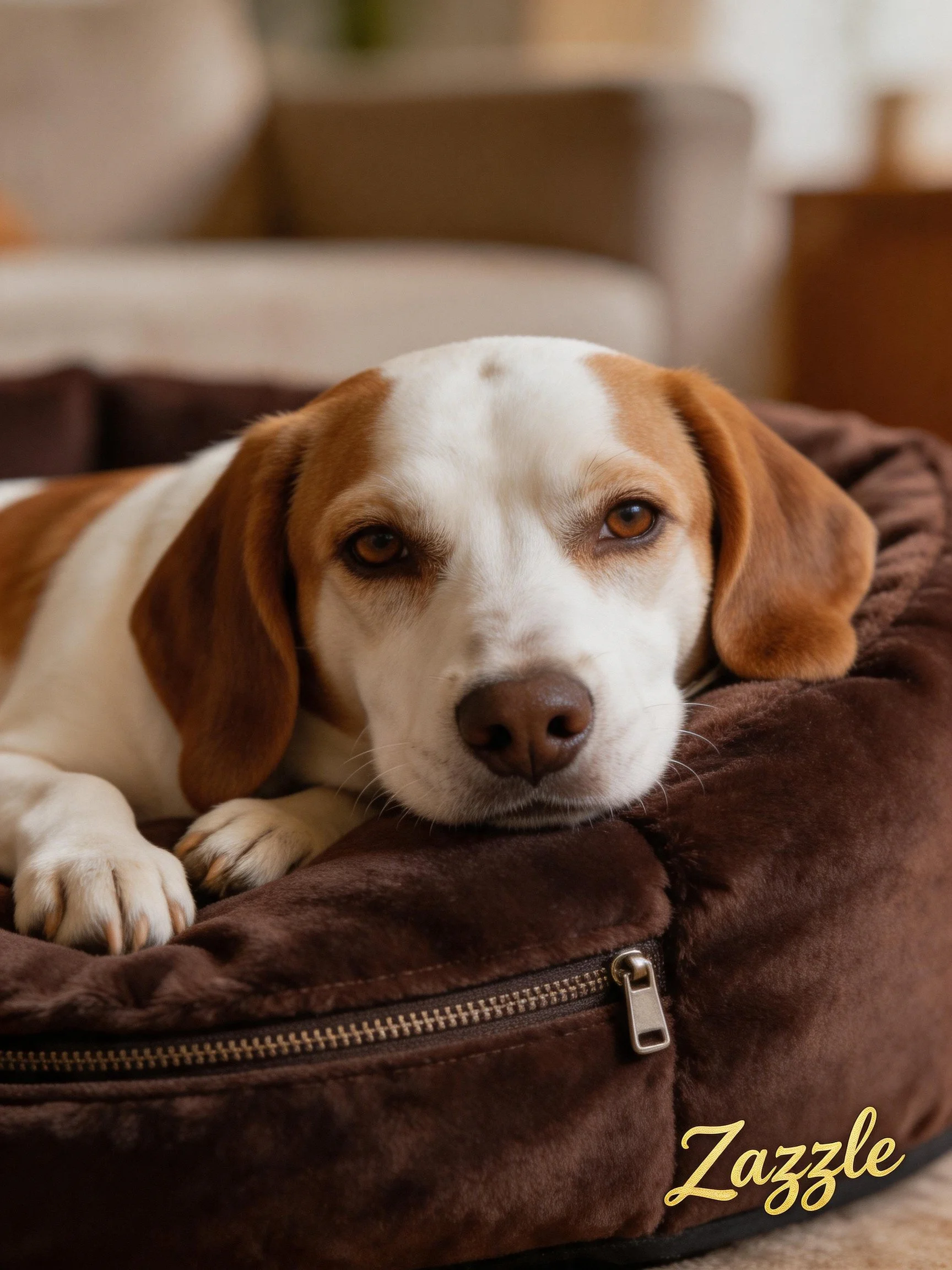 A white and tan dog rests on a plush brown pet bed
