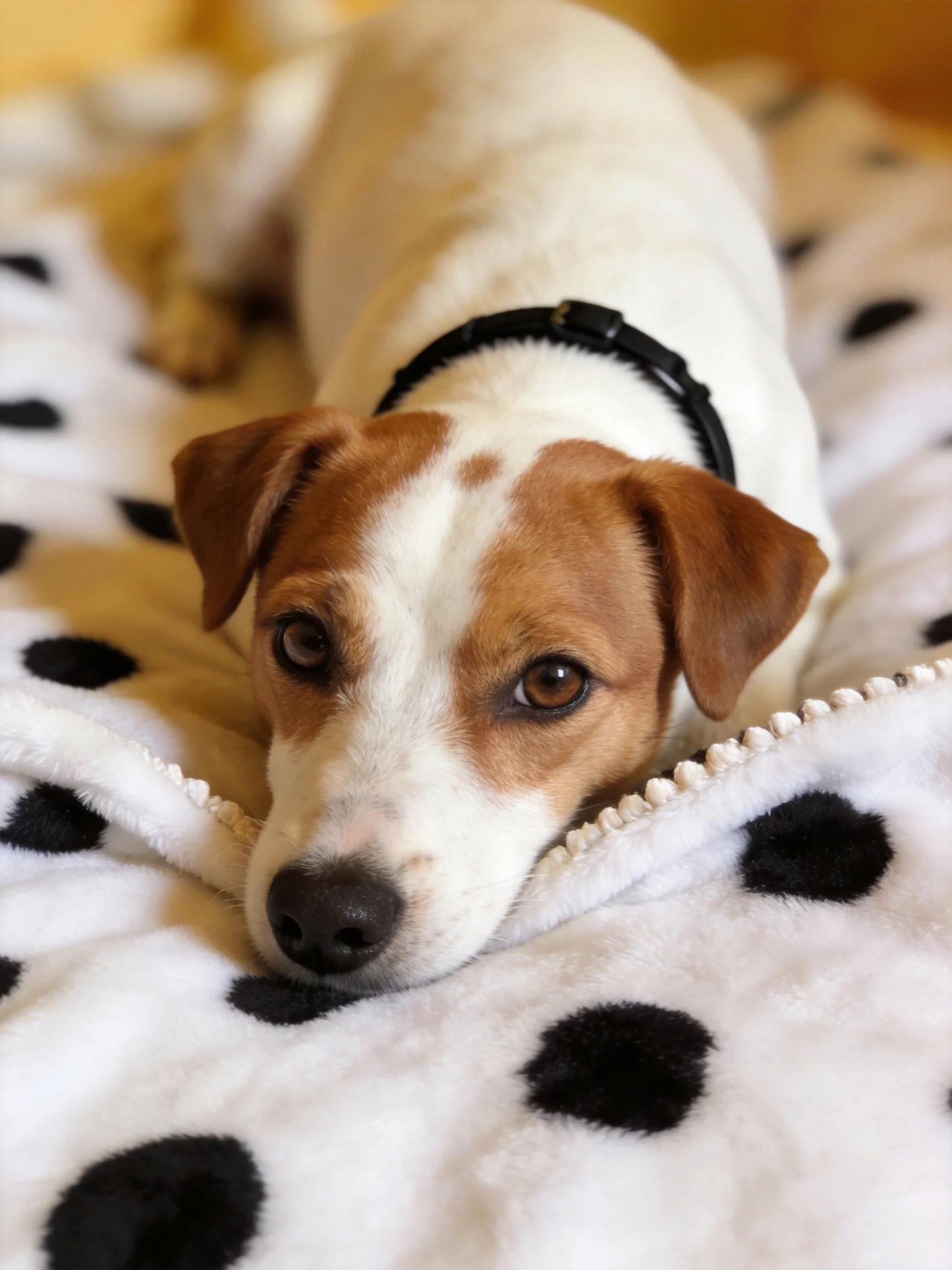 A small dog with white and brown fur lies on a black-and-white spotted blanket.