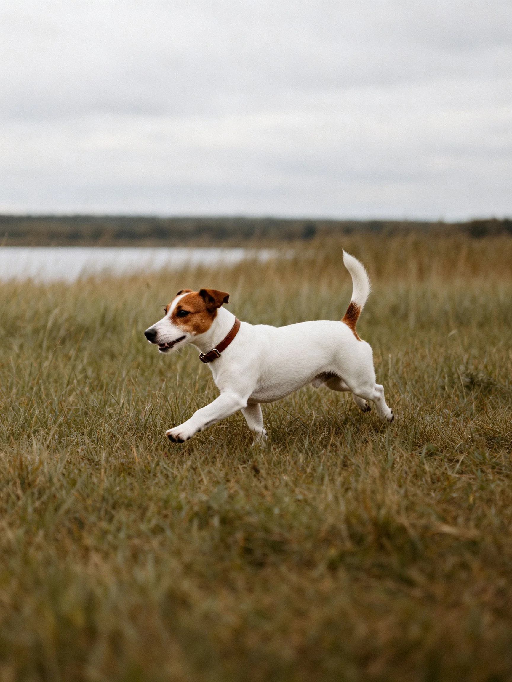 A small dog runs through tall grass near a body of water