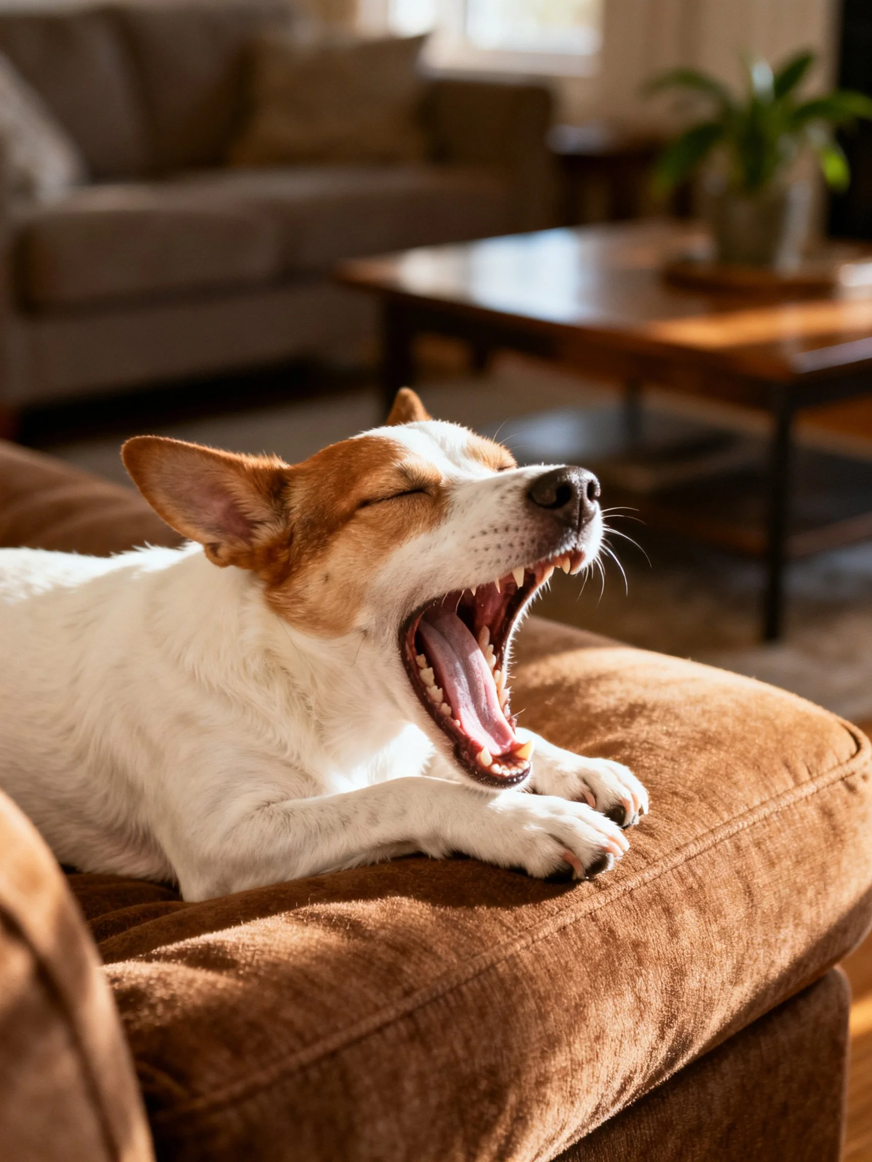 A white and tan dog yawns on a brown couch in a cozy living room