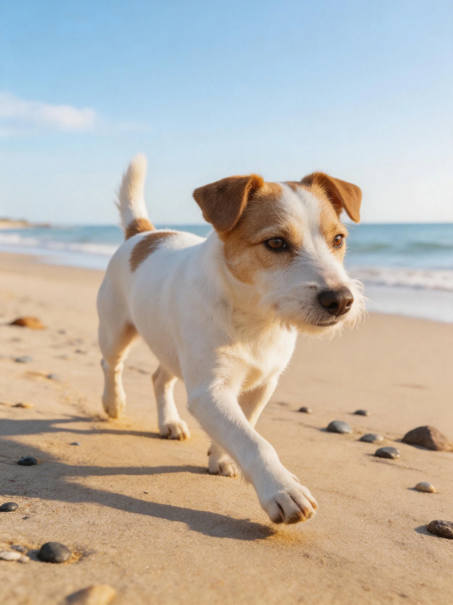 A small white and tan dog runs energetically on a sandy beach near the ocean.