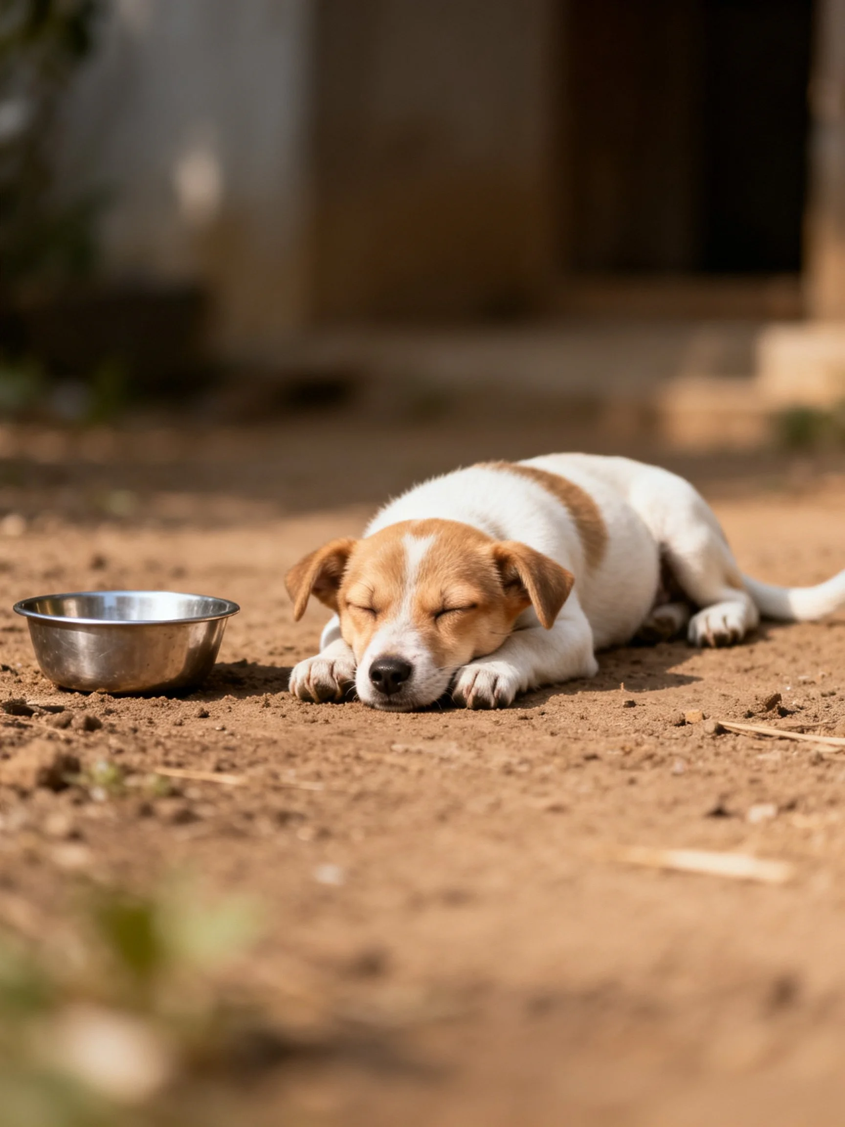 A small dog rests next to a metal bowl on a dirt surface.