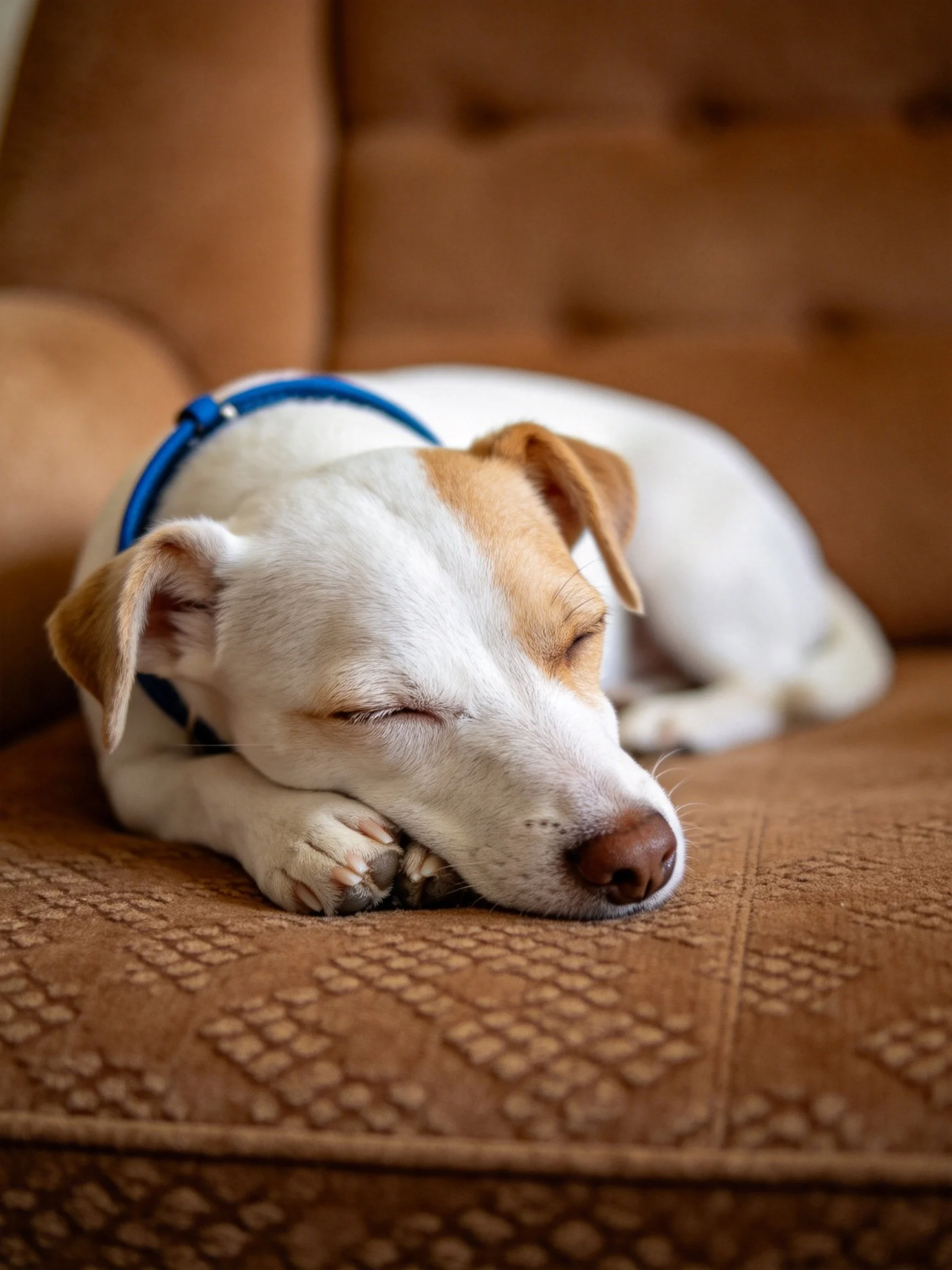 A small white and tan puppy sleeps on a brown couch.
