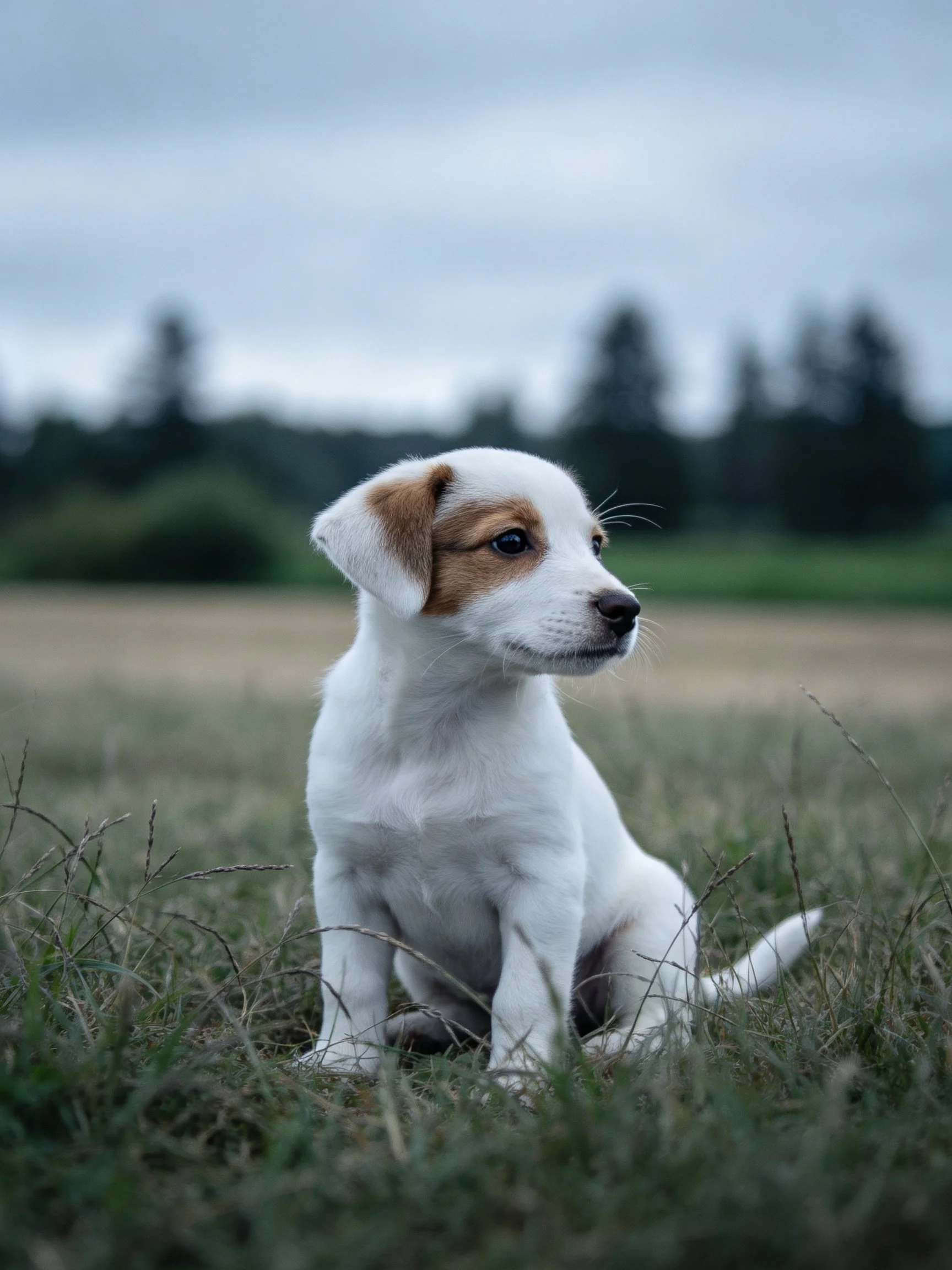 A white and tan puppy with brown facial markings sits attentively in a grassy area under an overcast sky