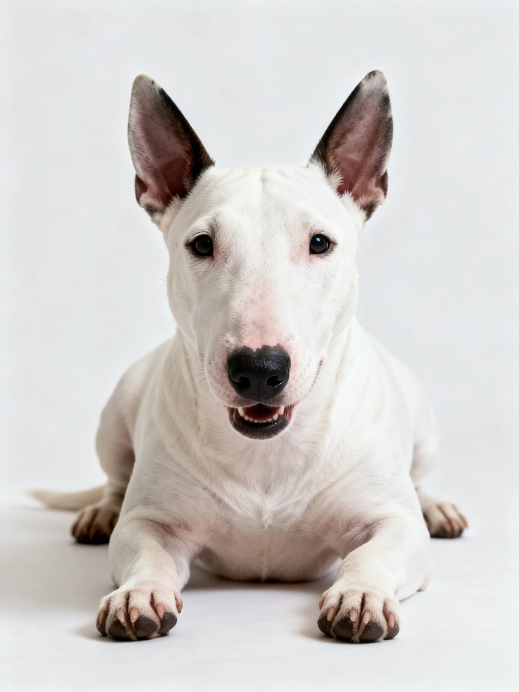A white bull terier sits calmly with a plain white background behind it.