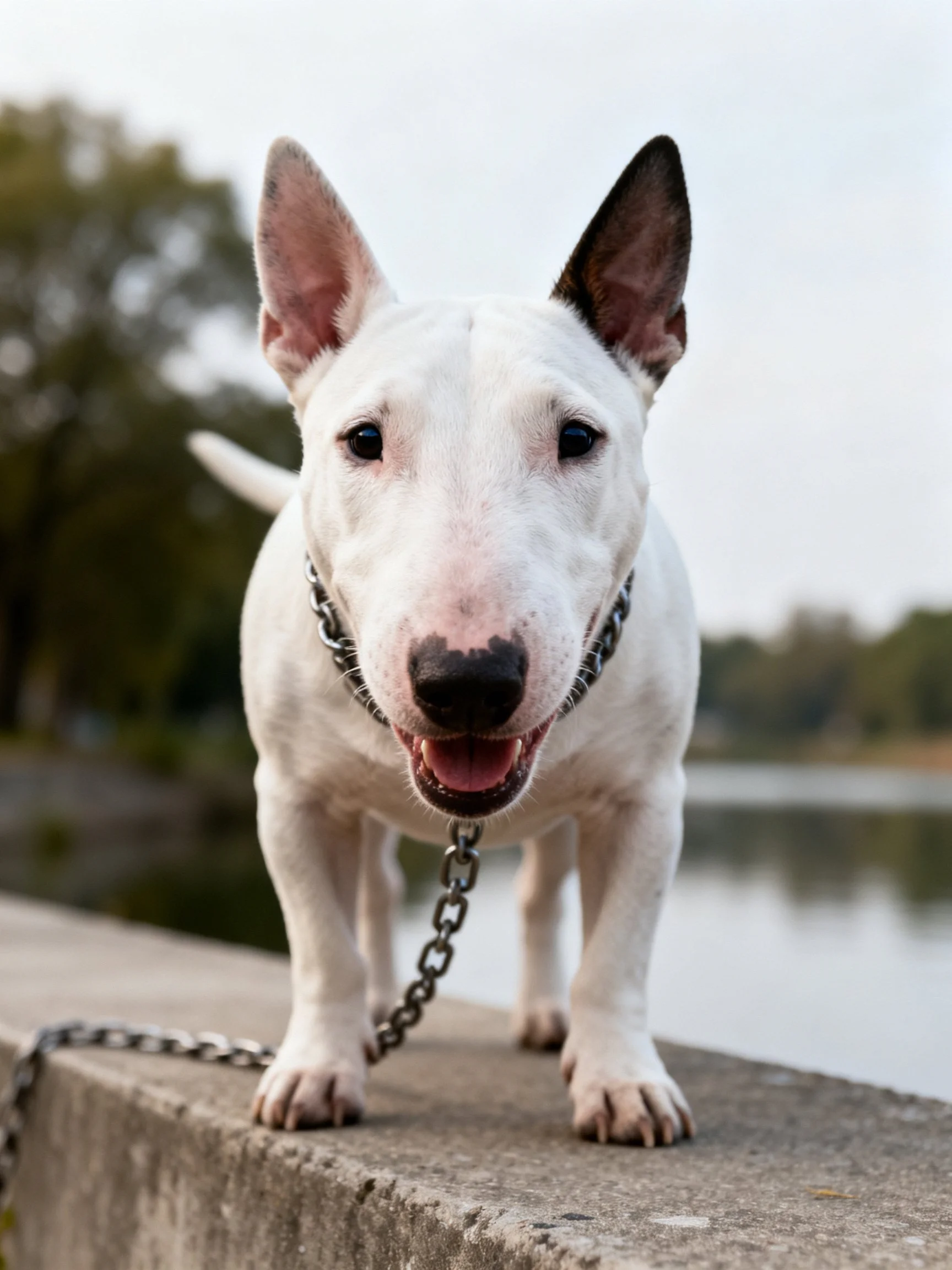 A white bull terrier dog stands on a concrete ledge near water
