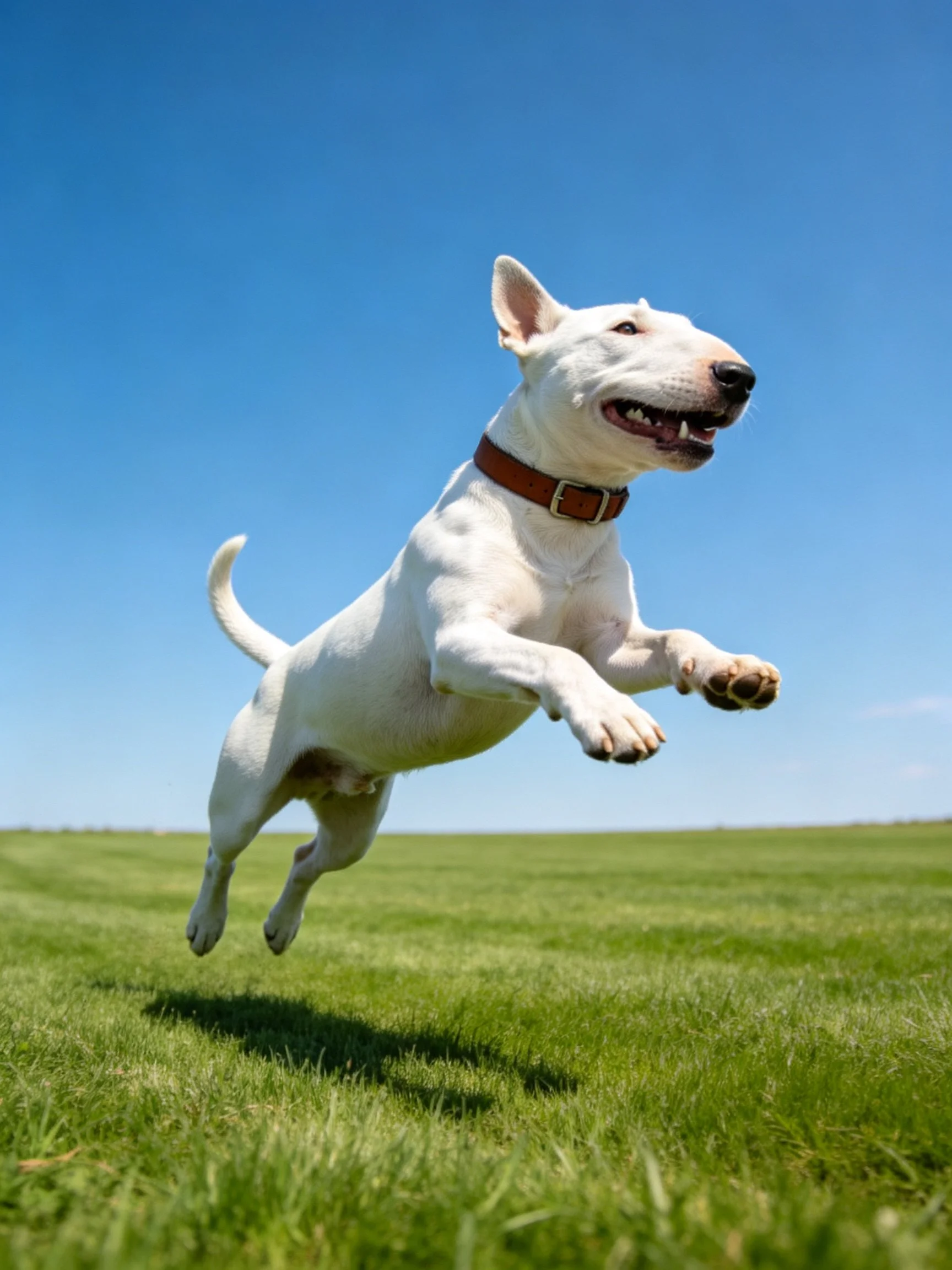 A white bull terrier jumps energetically in a sunlit open grassy area.