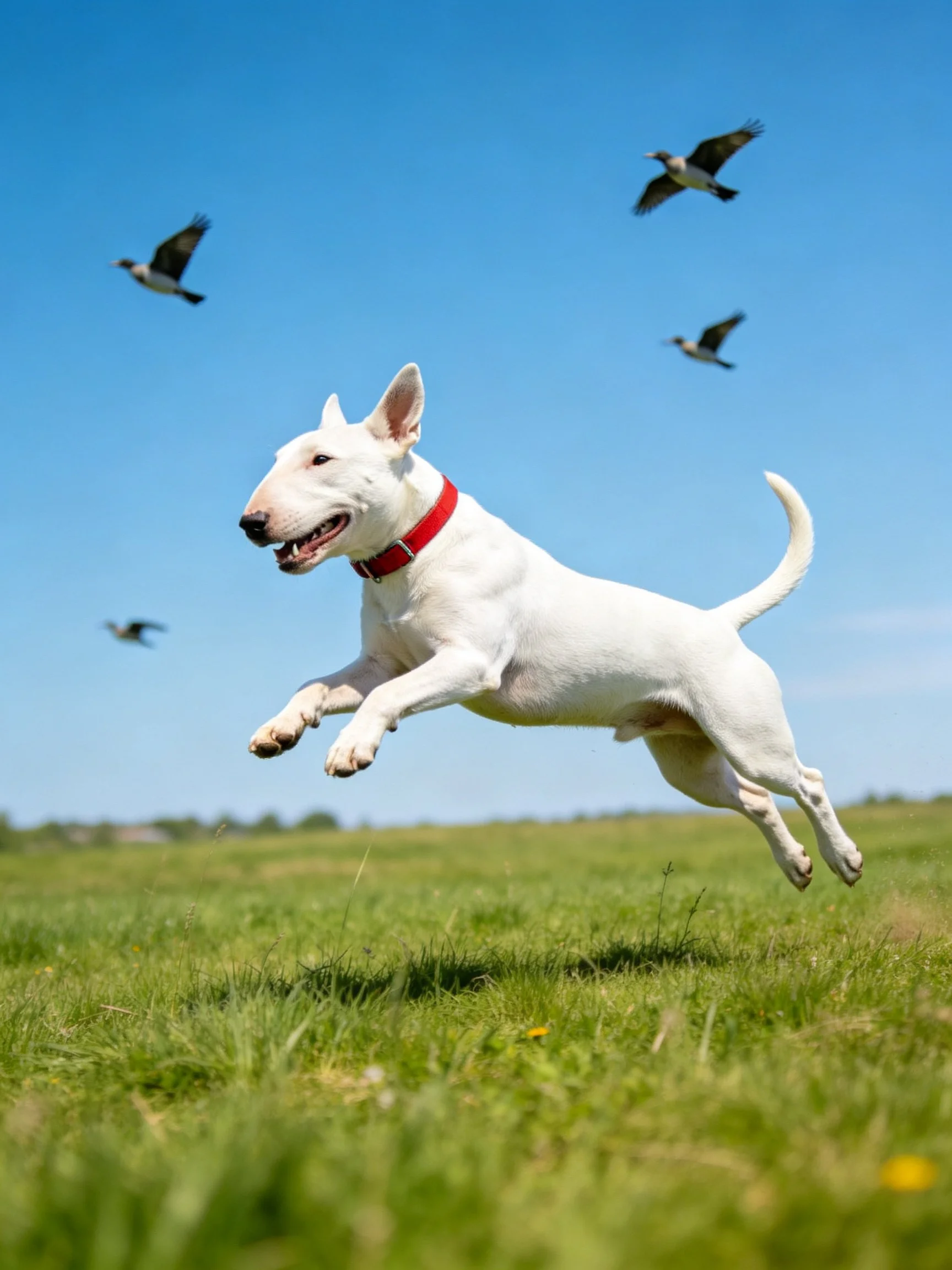 A white bull terrier jumps over grass while four birds fly overhead.
