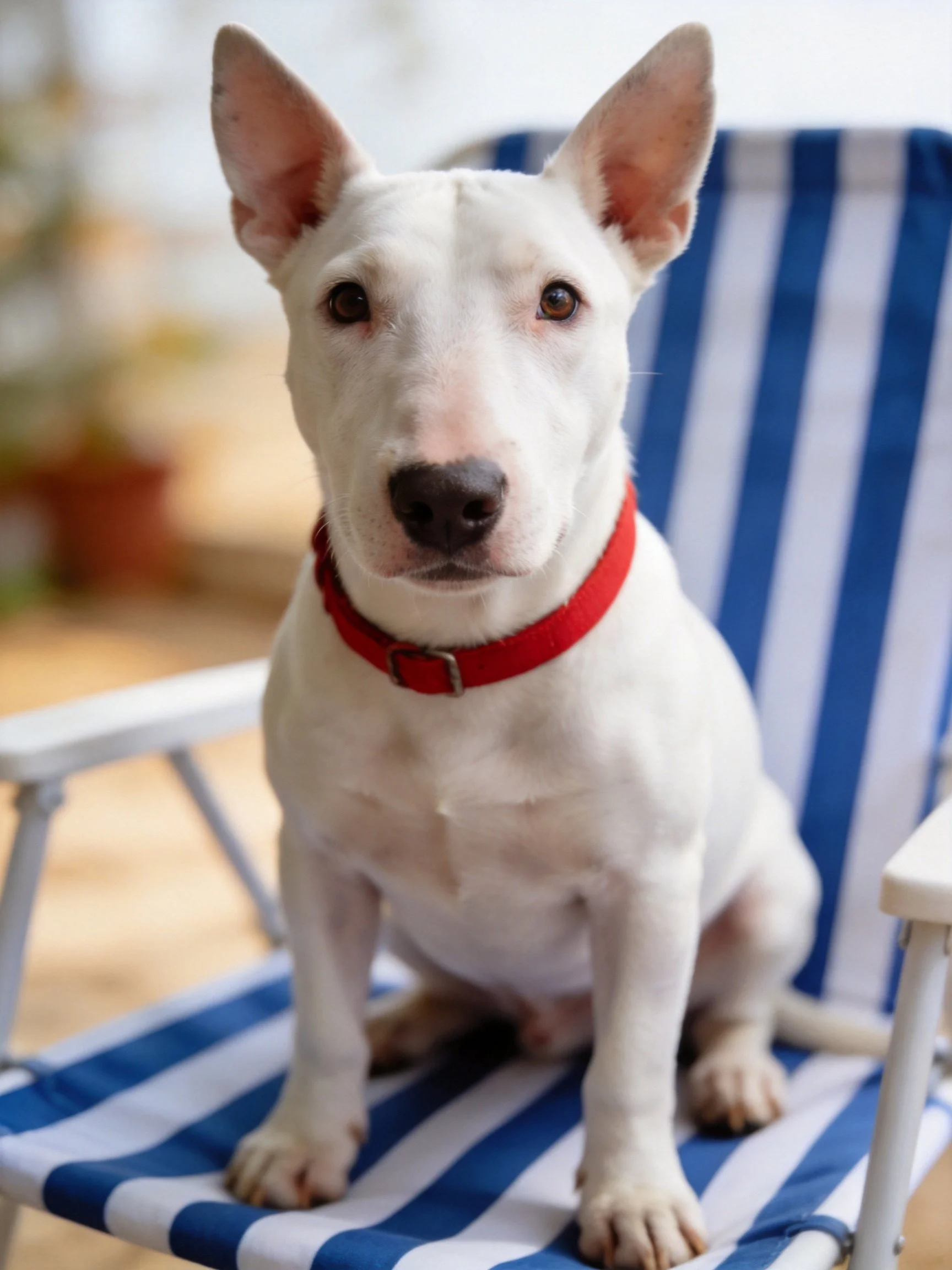 A white bull terrier puppy sits calmlyon a blue and white striped chair.