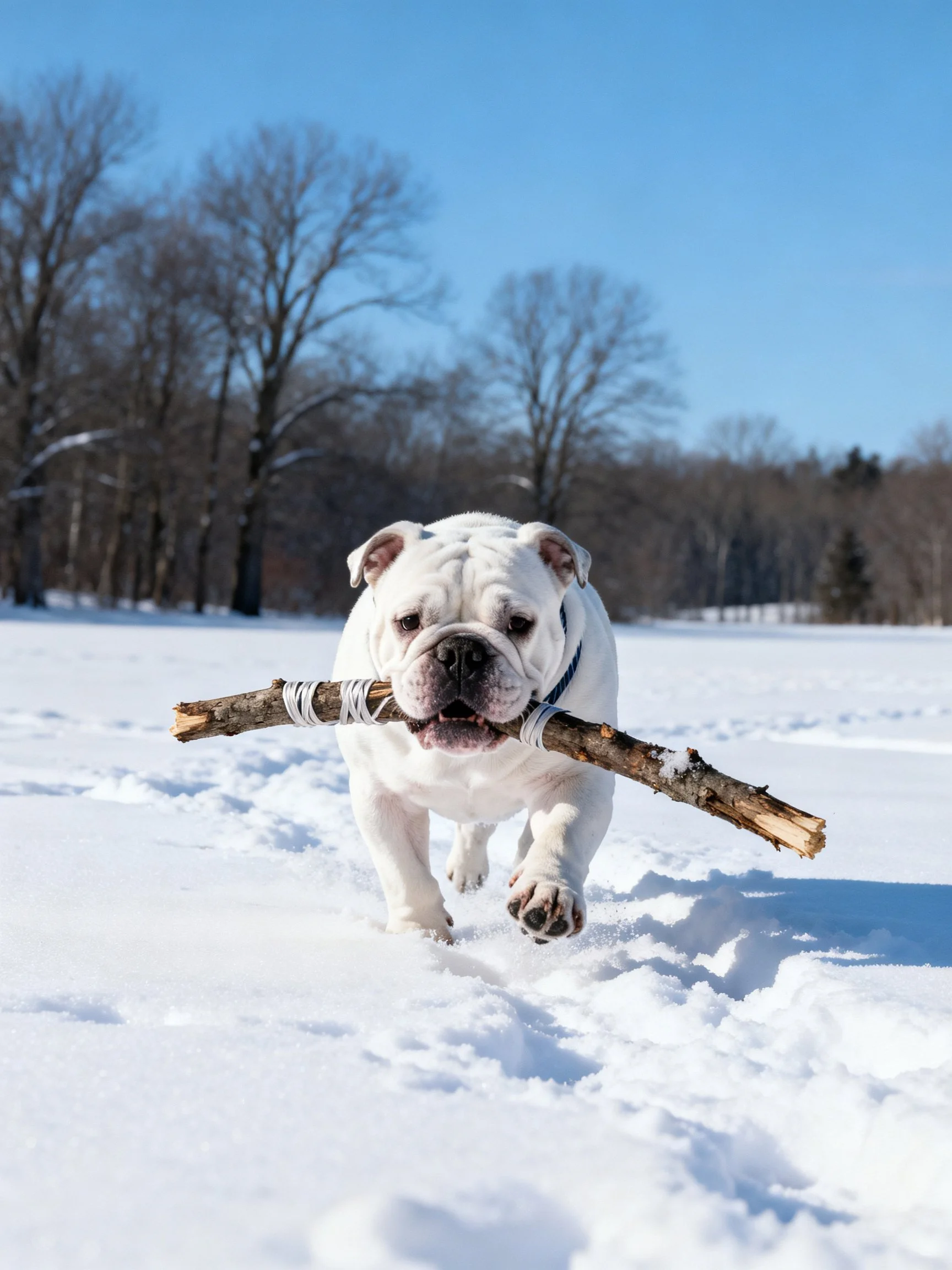 A white bulldog carries a thick wooden stick through snowy landscape