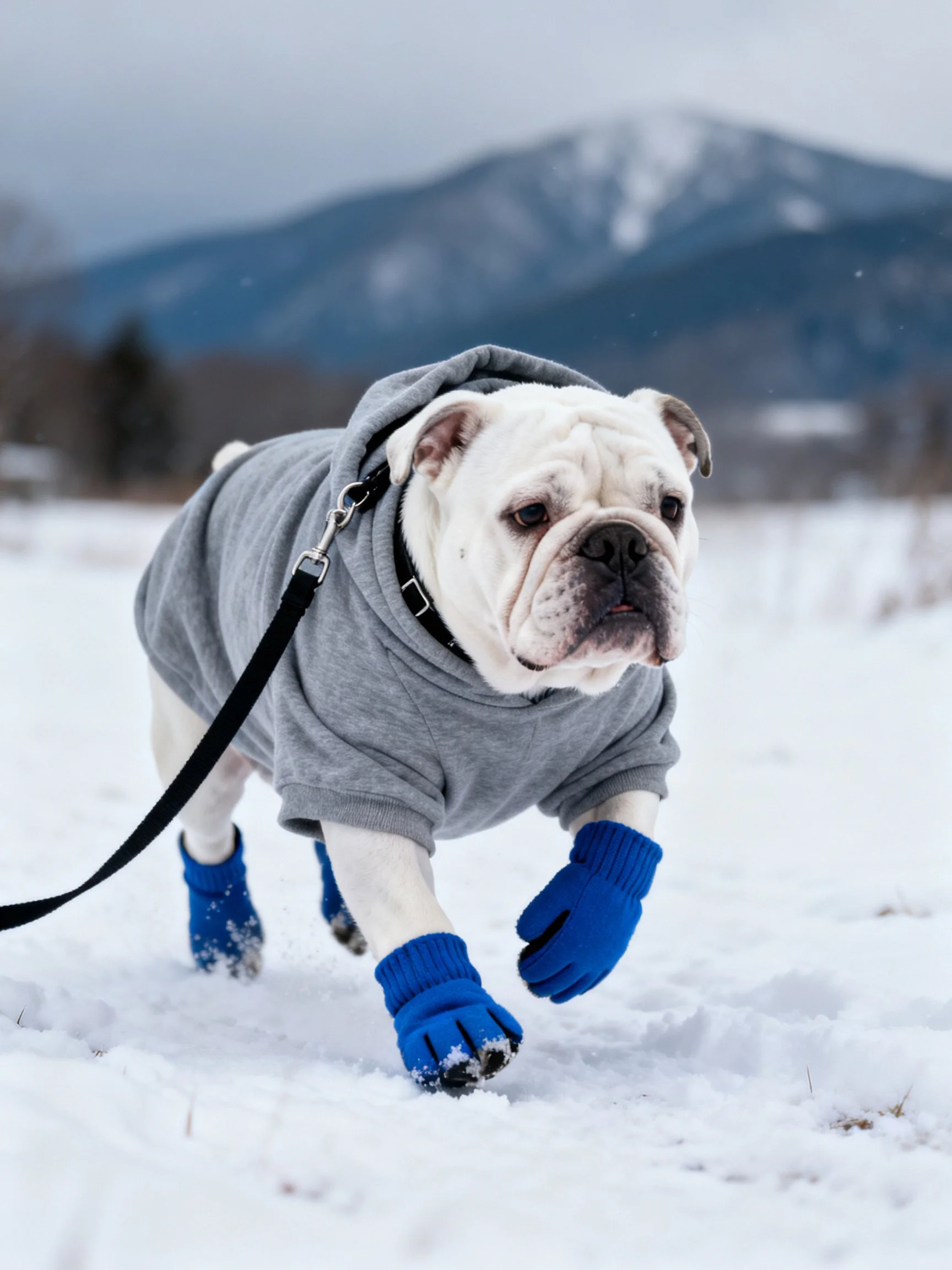A white bulldog in a gray hoodie walks through snow with blue booties