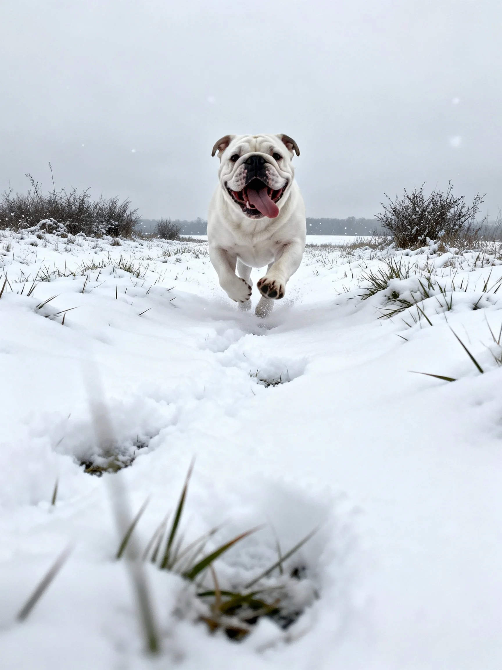 A white bulldog joyfully runs through a snowy landscape.