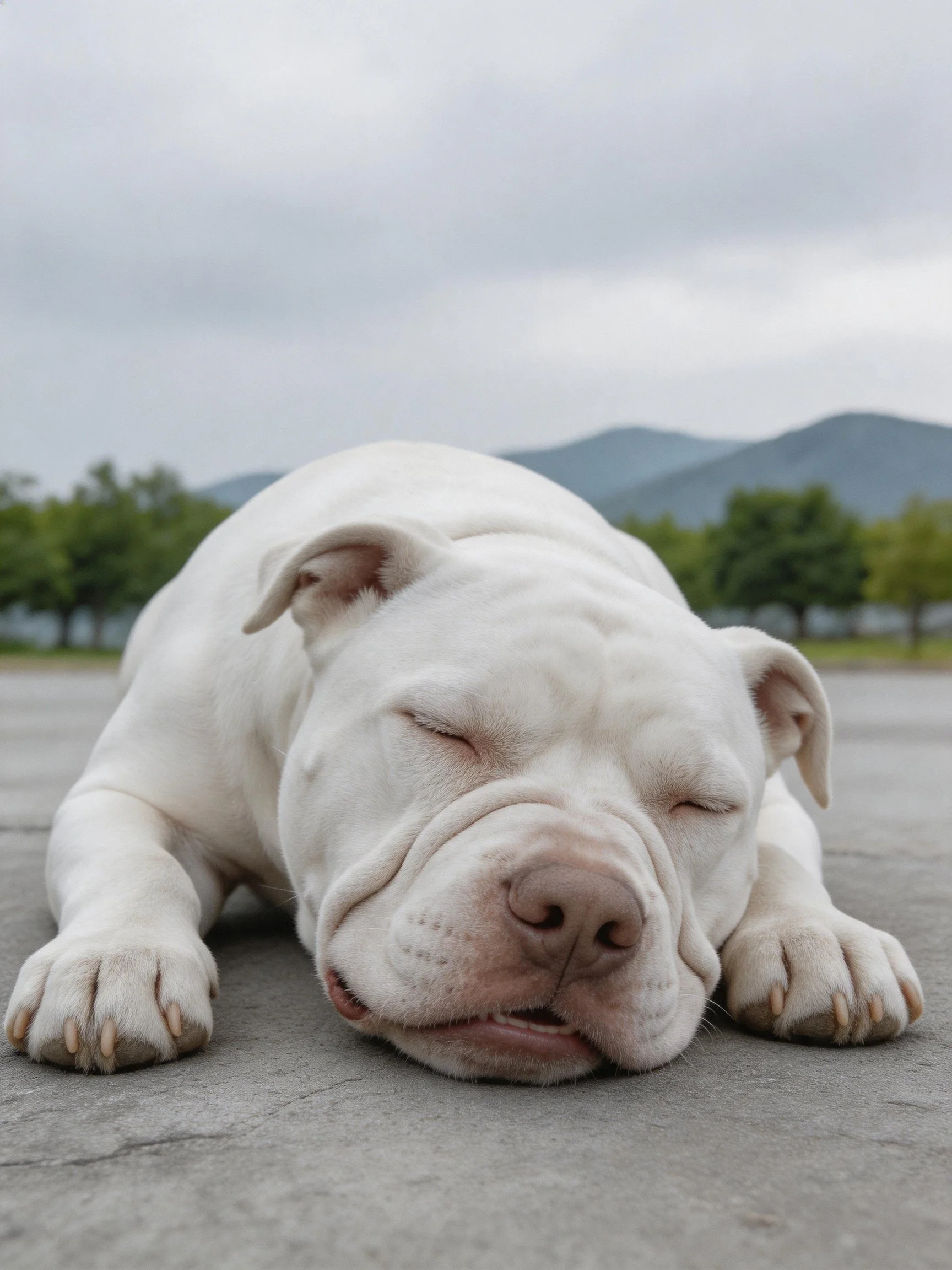 A white bulldog puppy sleeps calmly on pavement amid natural scenery.