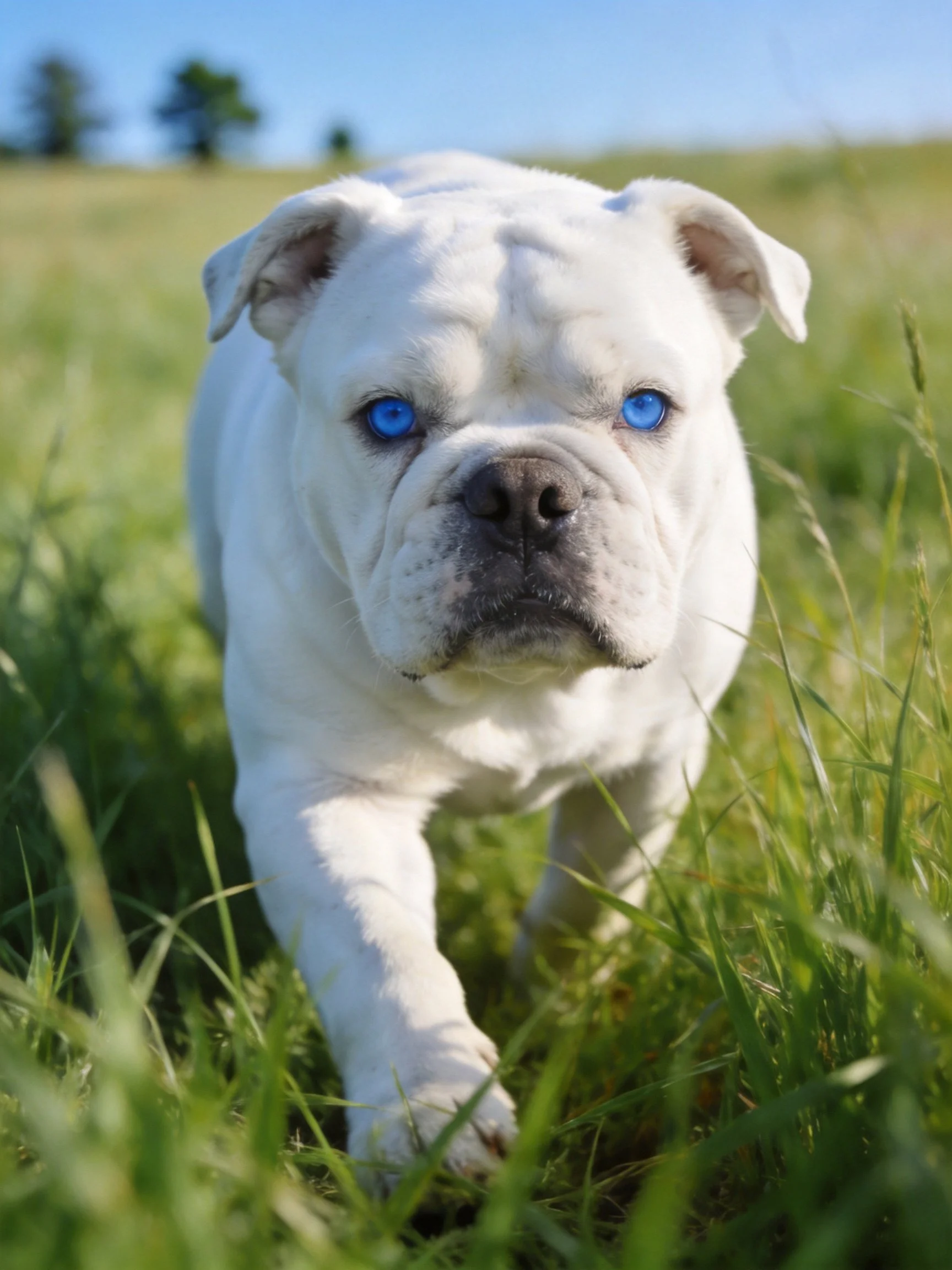 A white bulldog puppy with striking blue eyes explores lush green grass.