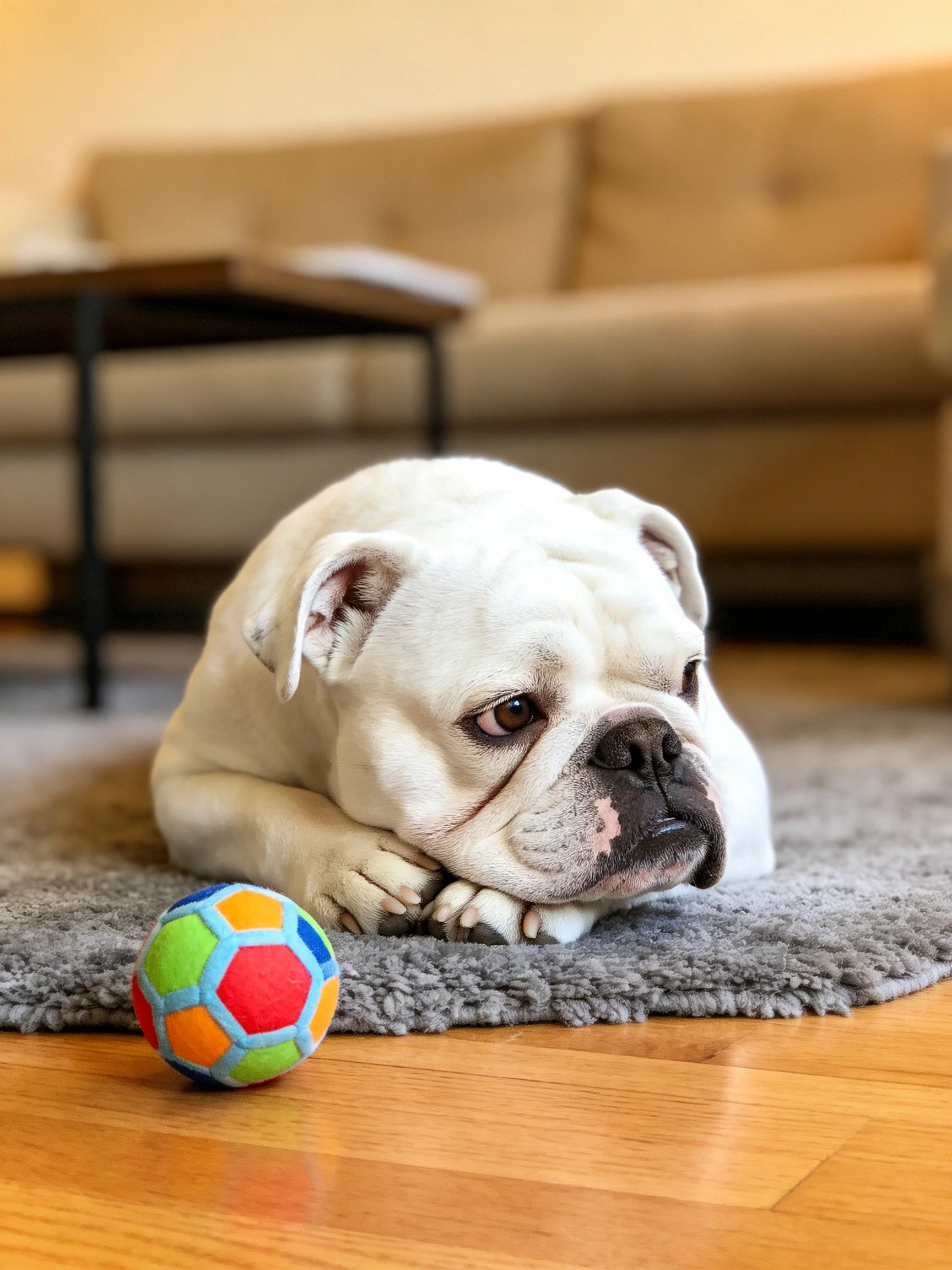 A white bulldog lies beside a colorful ball in a cozy living room.