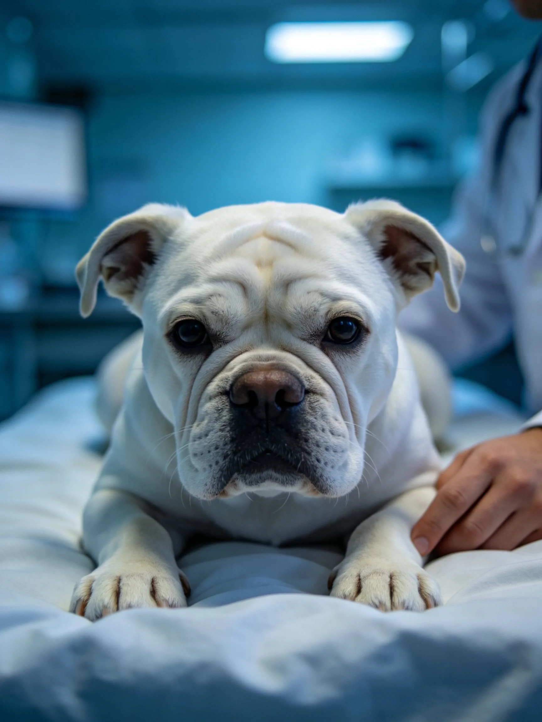 A white bulldog undergoes a veterinary examination in a clinical setting.