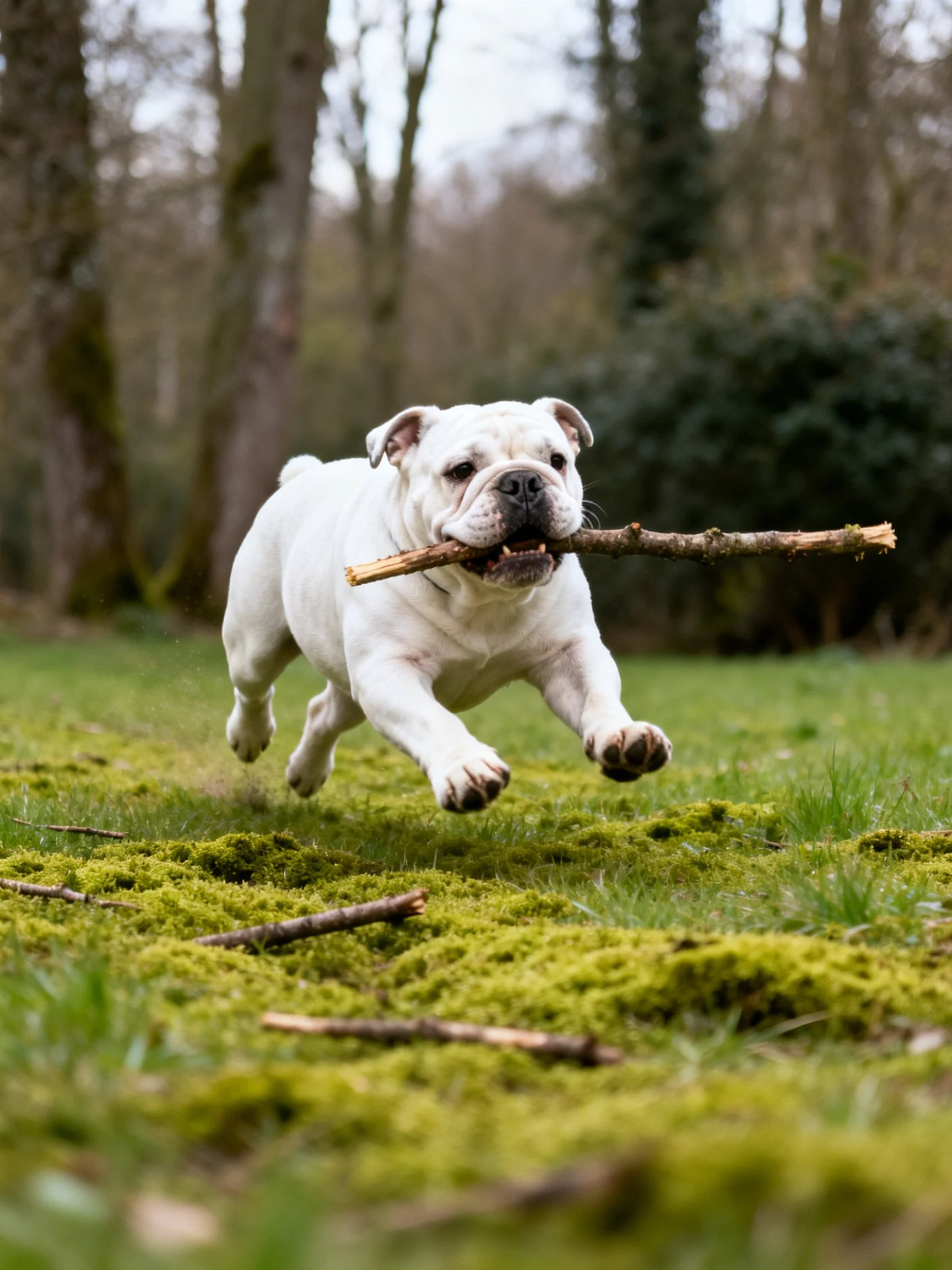 A white bulldog runs through mossy grass carrying a large wooden stick
