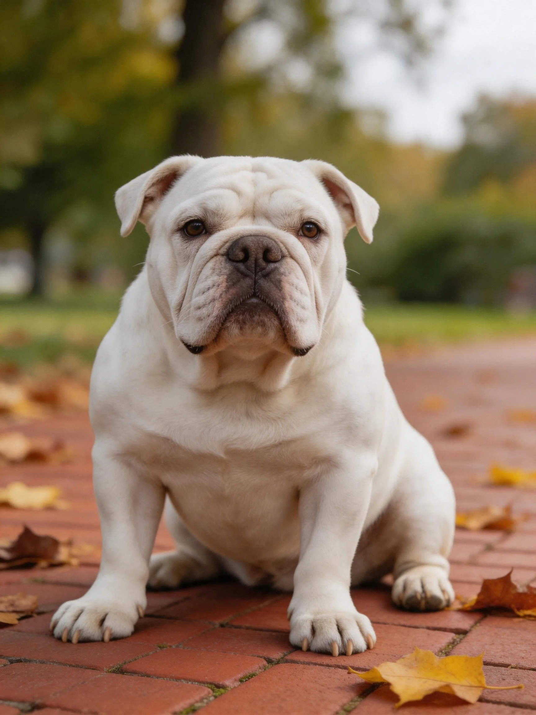 A white bulldog sits on a brick path surrounded by fallen autumn leaves