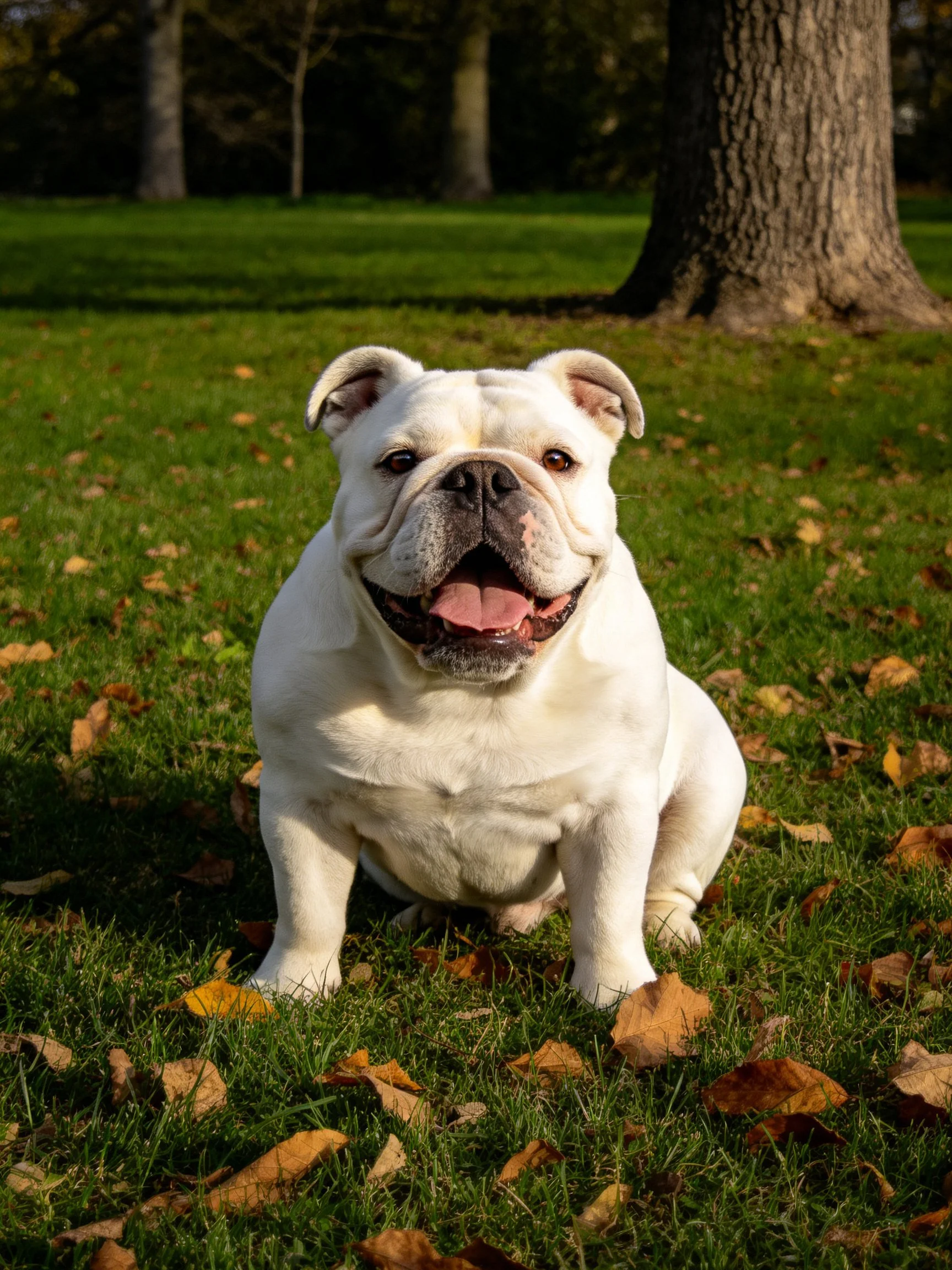 A white bulldog sits happily amid autumn leaves in a sunlit park.