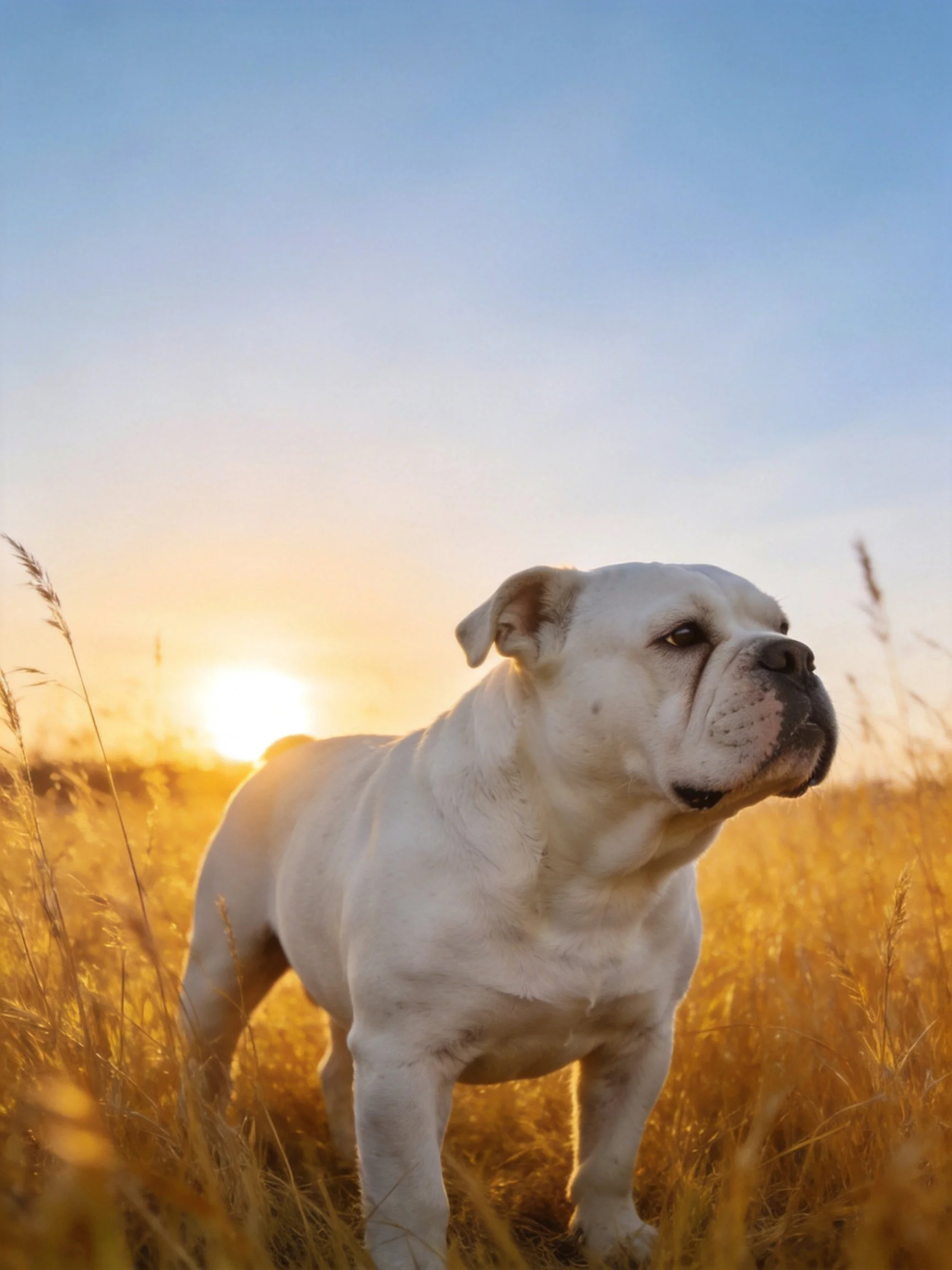 A white bulldog stands in golden grass illuminated by the warm light of a setting sun