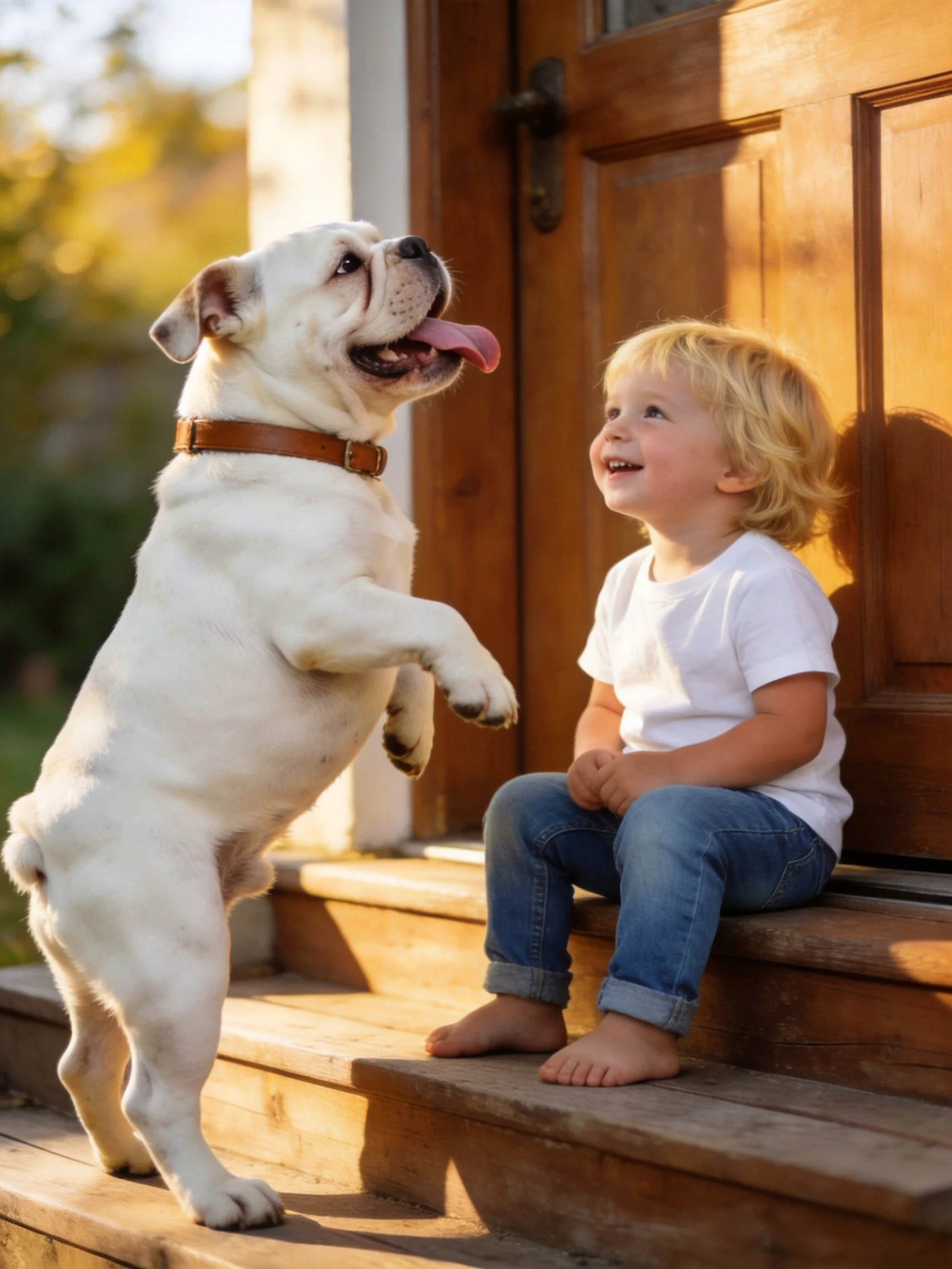 A white bulldog stands on its hind legs beside a smiling child on wooden steps.